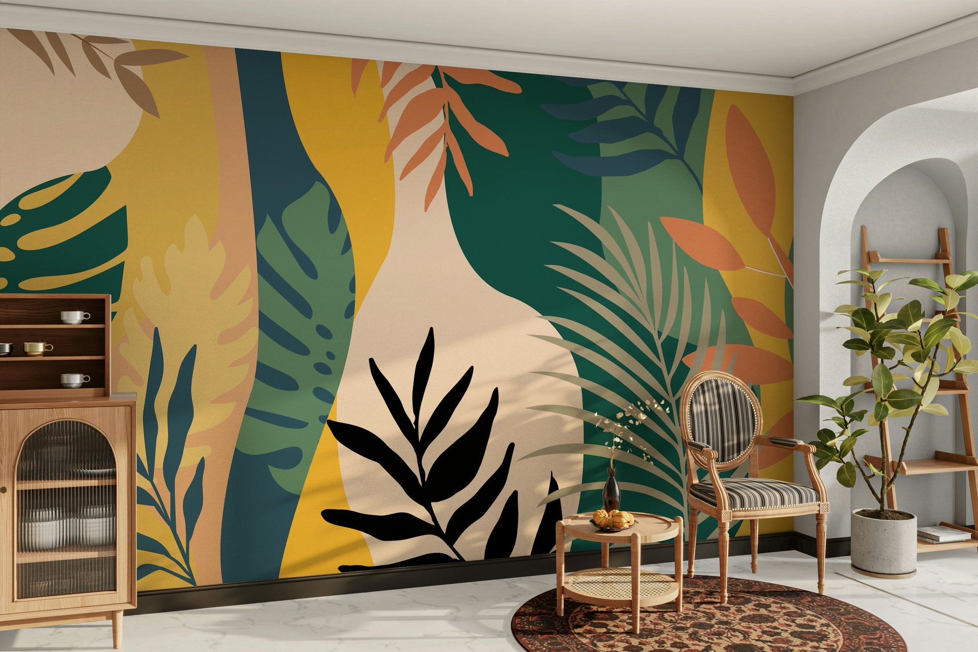 The design features a repeating pattern of soft, abstract leaf shapes.

