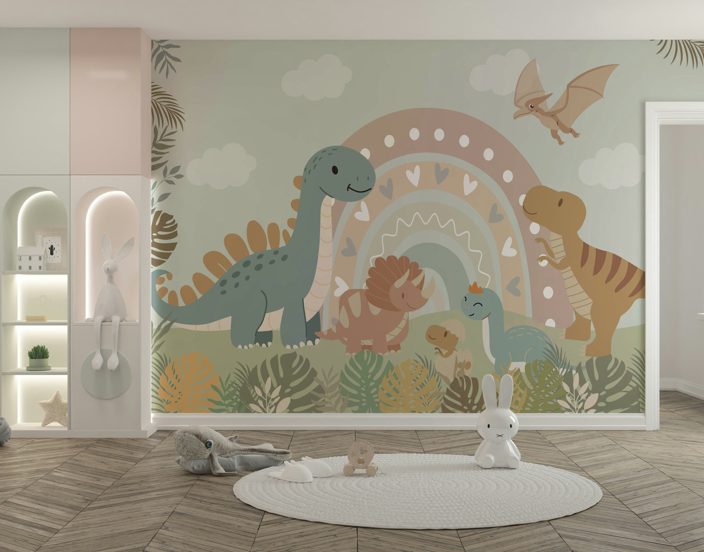 The design features a pattern of friendly, playful dinosaurs.

