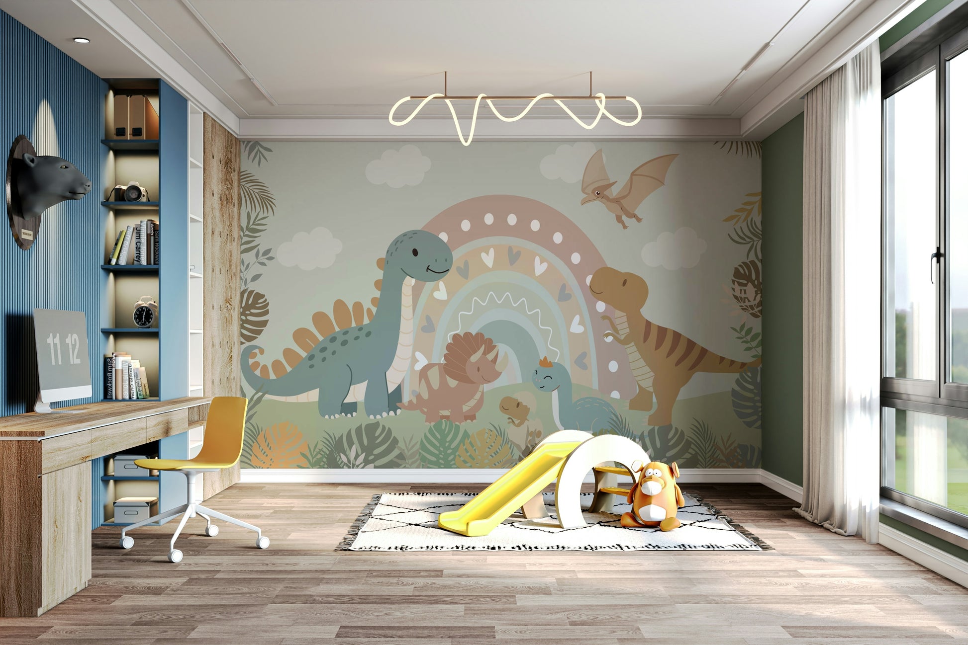 A cheerful wall mural with a whimsical, dinosaur design.

