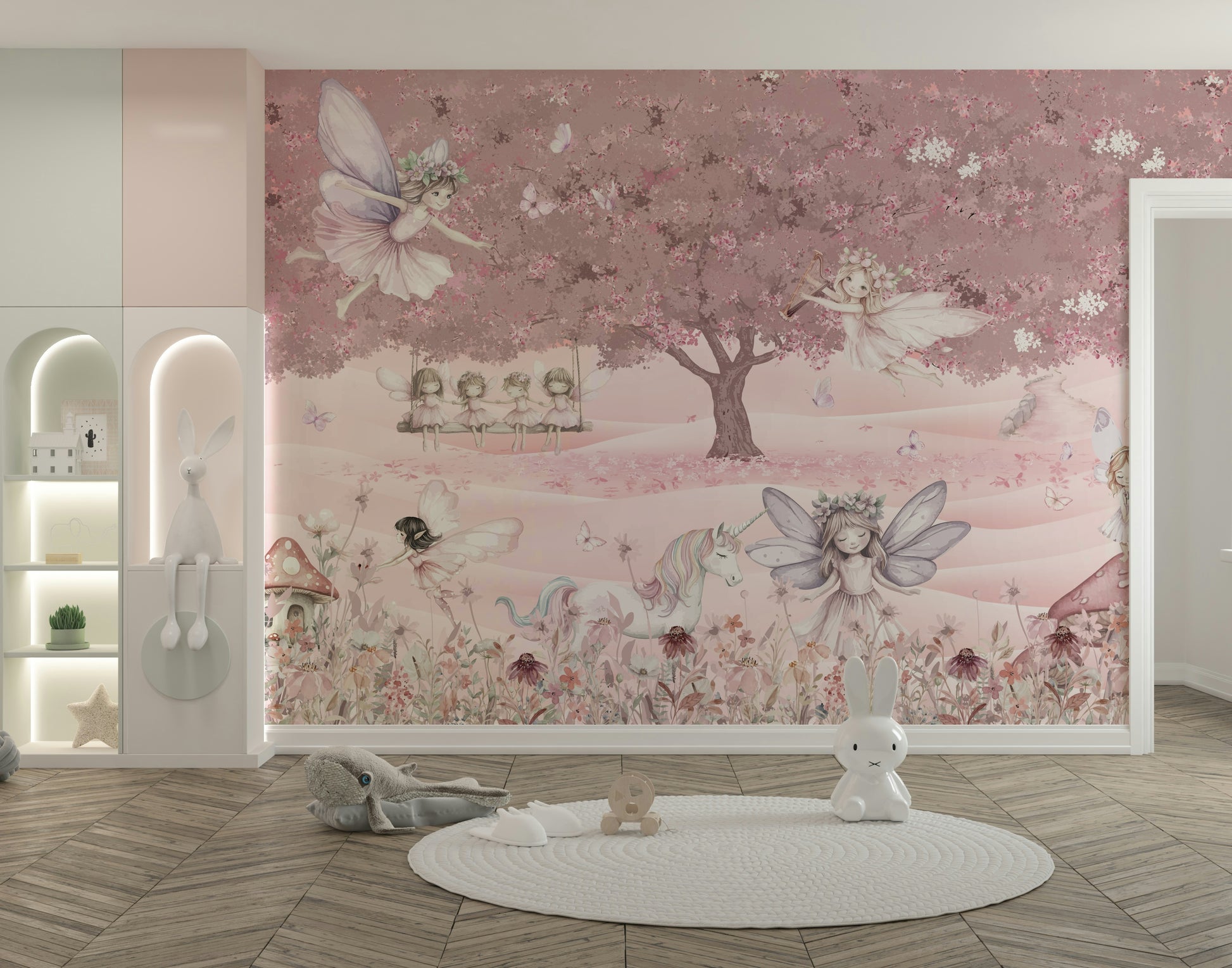 A peaceful wall mural with a magical, whimsical design.

