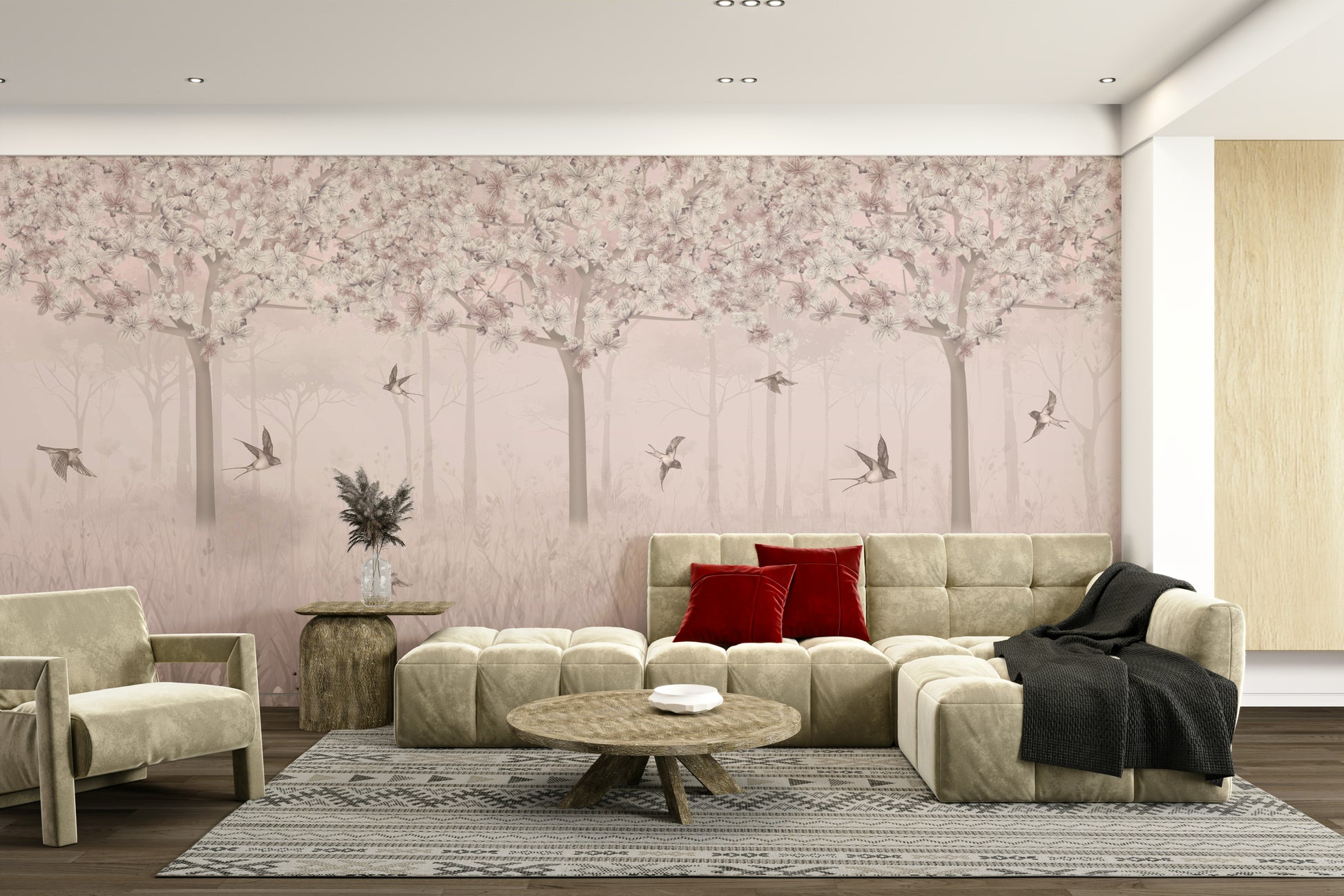 The design features graceful, blooming flowers and flying elements.

