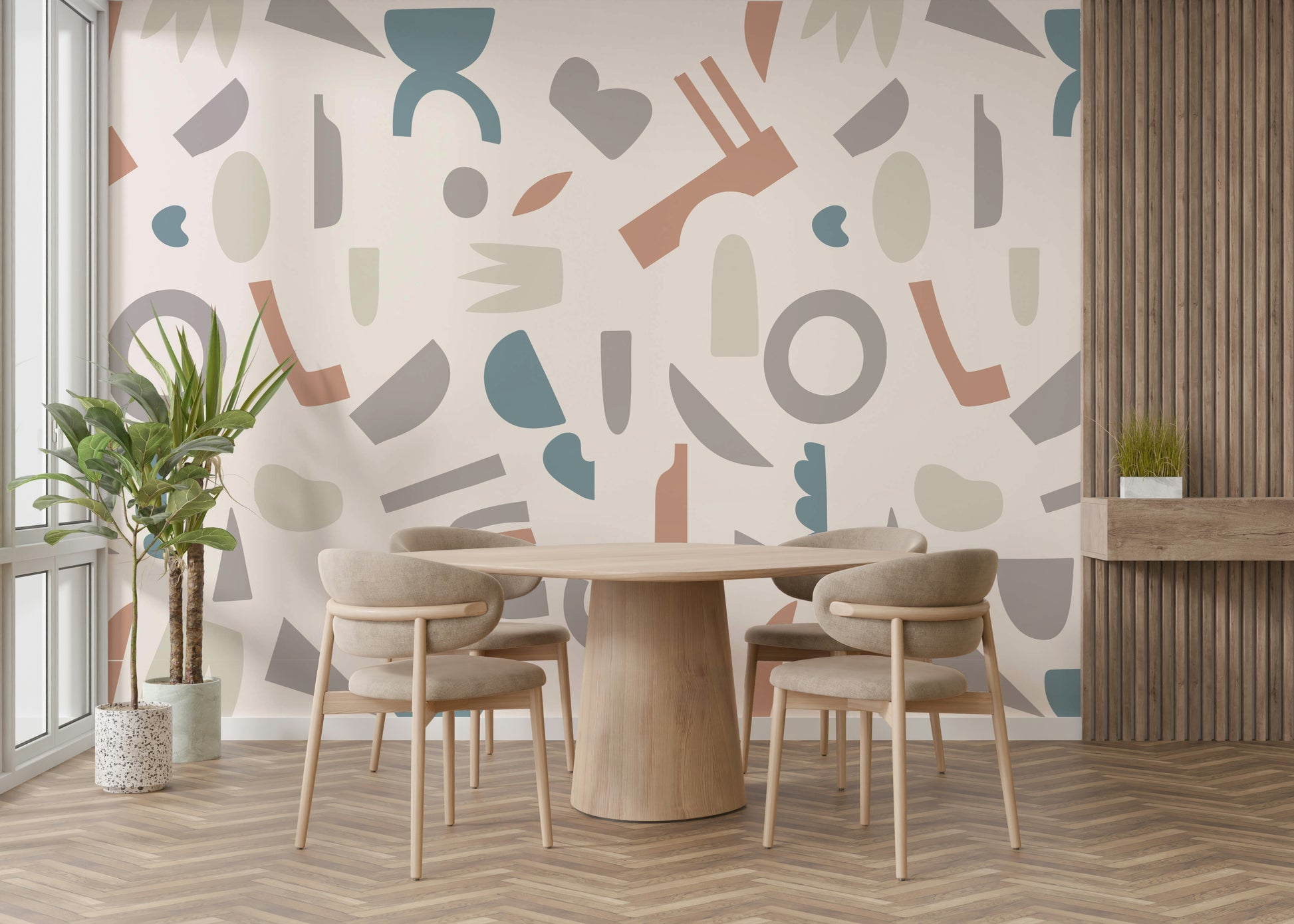 A peaceful wall mural with a modern, geometric design.

