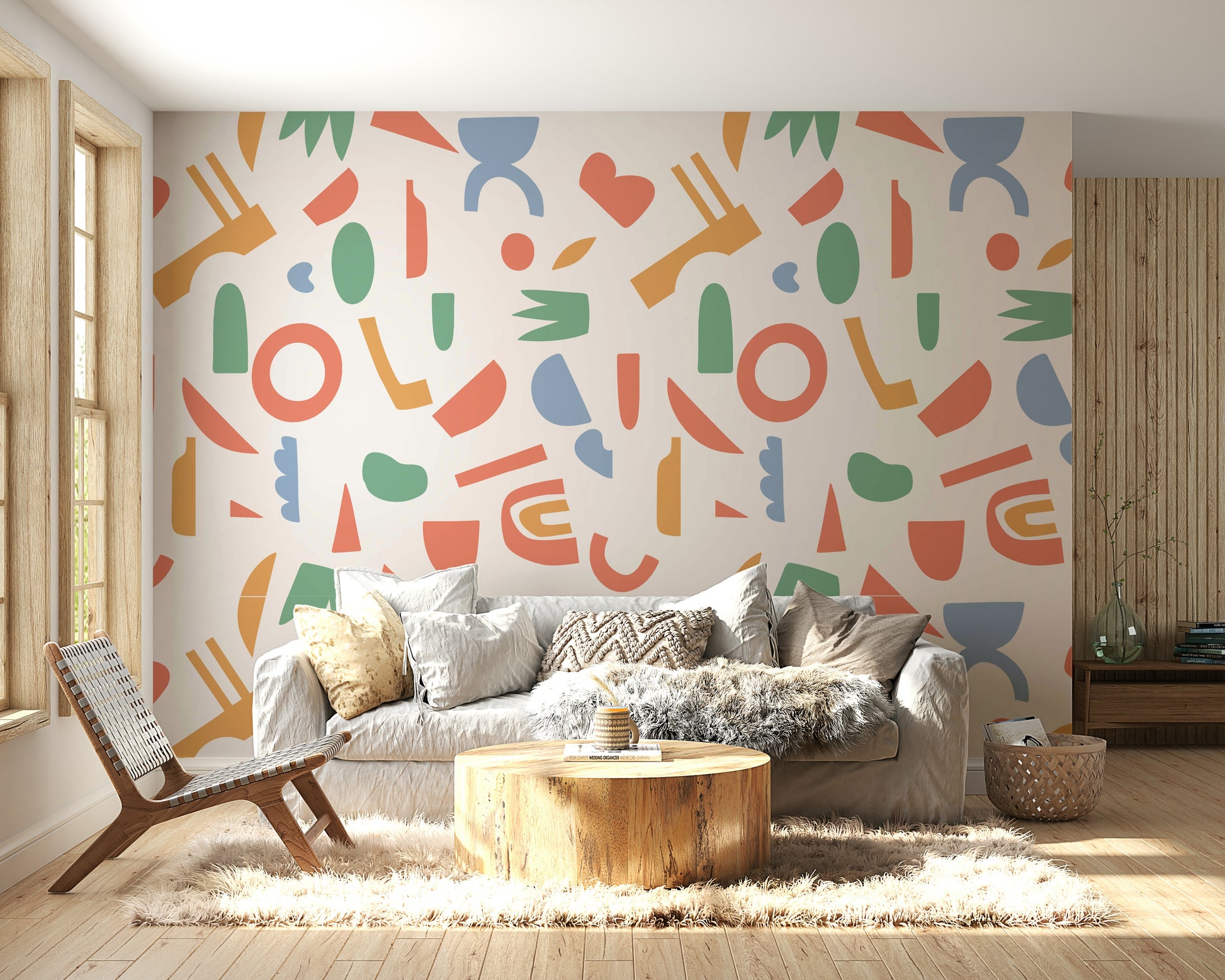A peaceful wall mural with a modern, abstract design.

