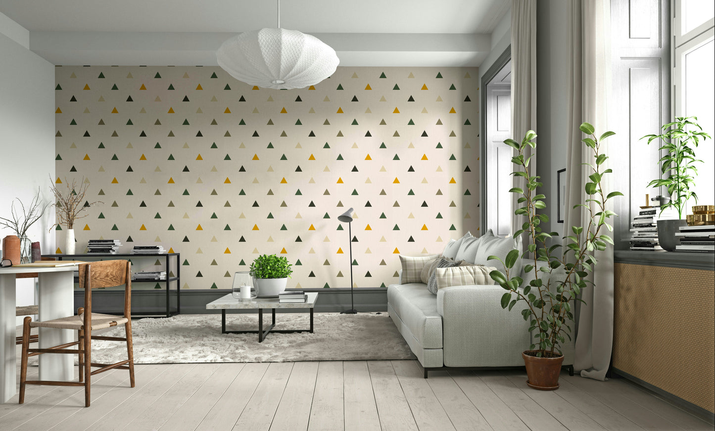 The design features a scattered pattern of soft, triangular shapes.

