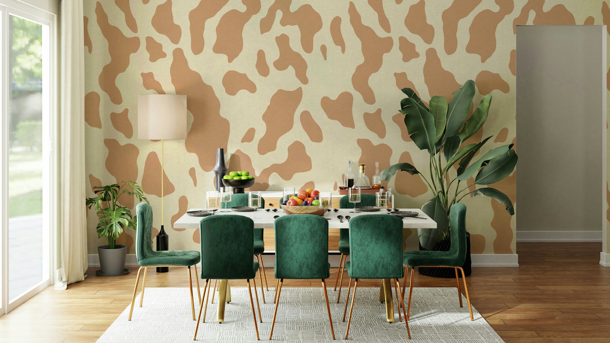 The design features a stylized pattern resembling cow spots.

