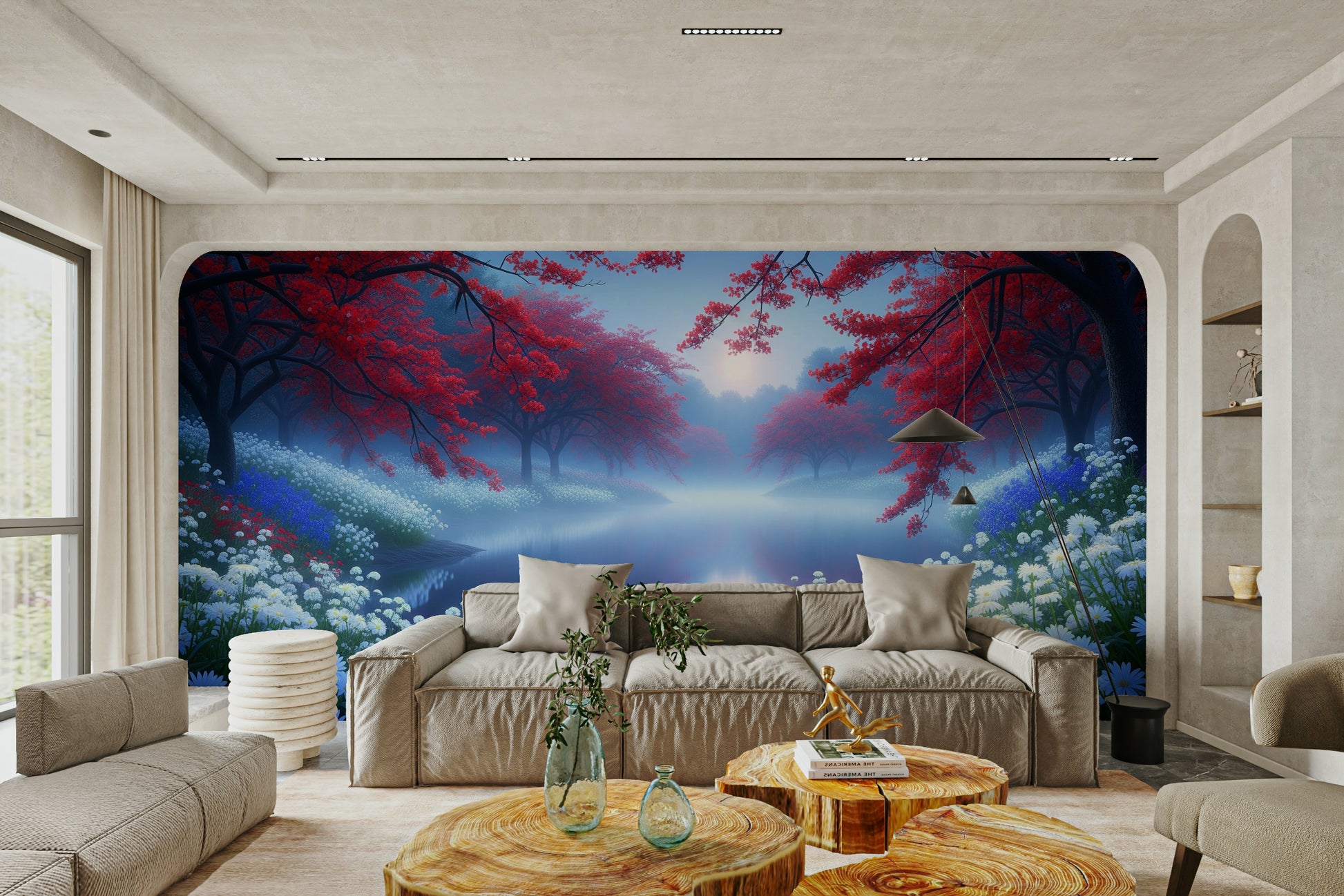 A peaceful wall mural with a charming lake scene.

