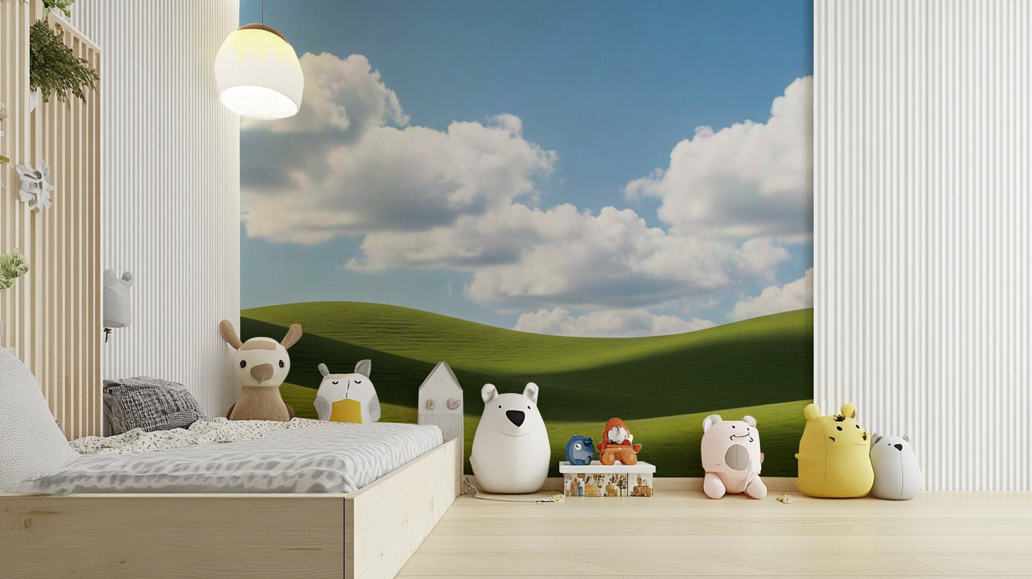 The design features gentle, rolling green hills.

