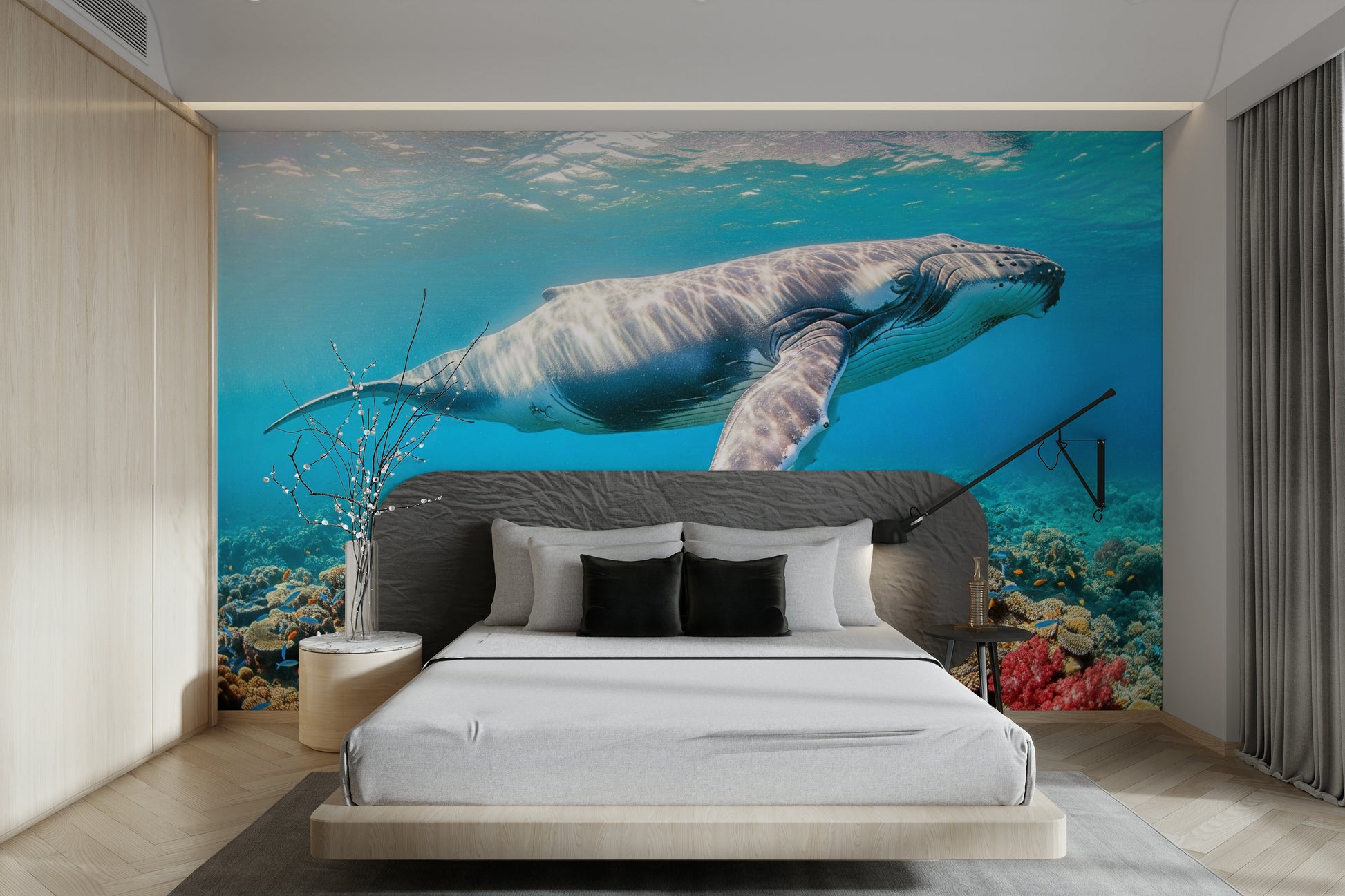 A peaceful wall mural with a serene ocean scene.

