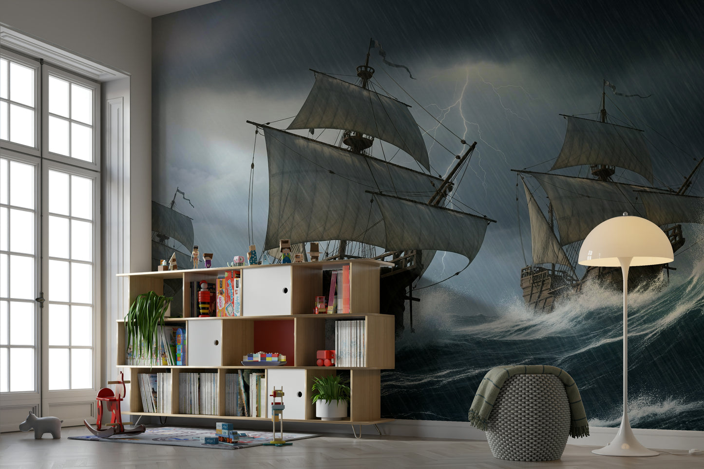 A powerful wall mural with a dramatic naval scene.

