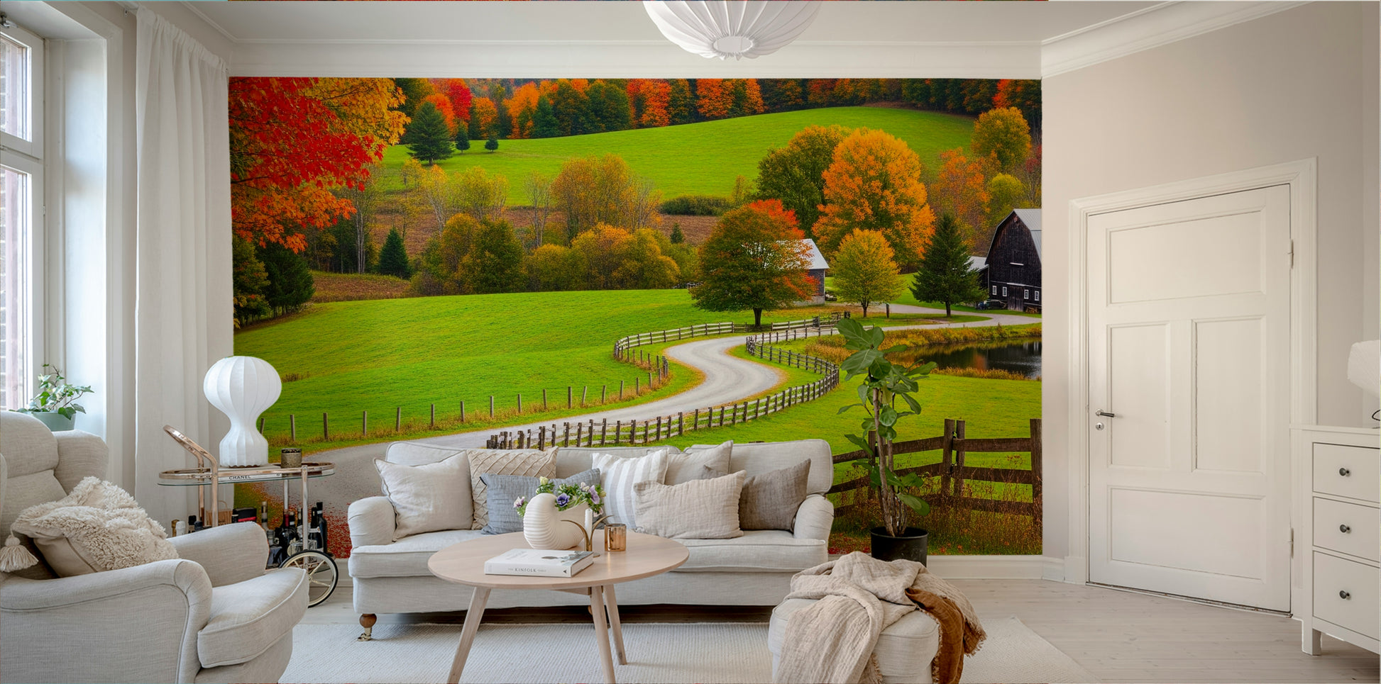 A peaceful wall mural with a charming autumn road scene.

