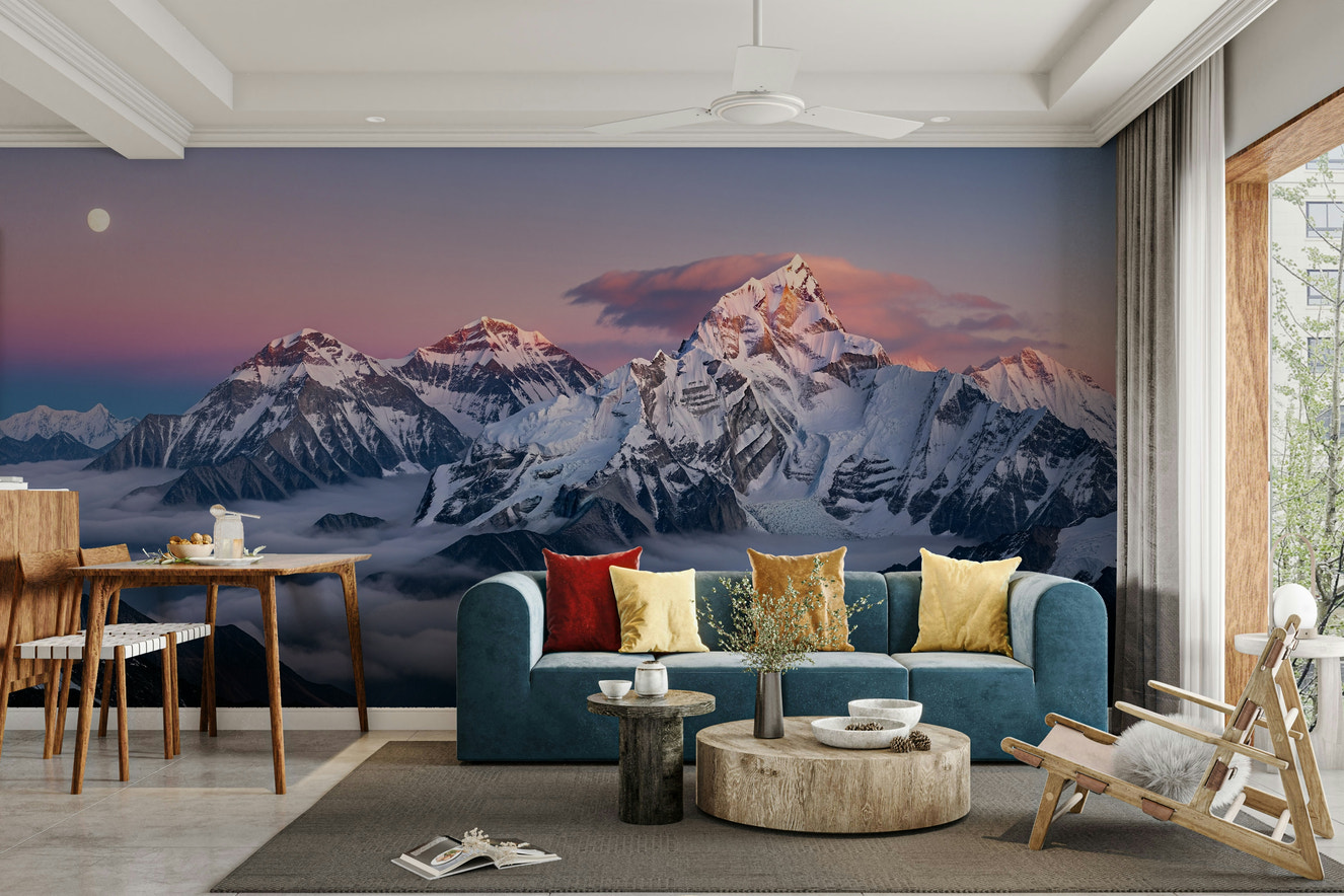 A peaceful wall mural with a serene mountain landscape.

