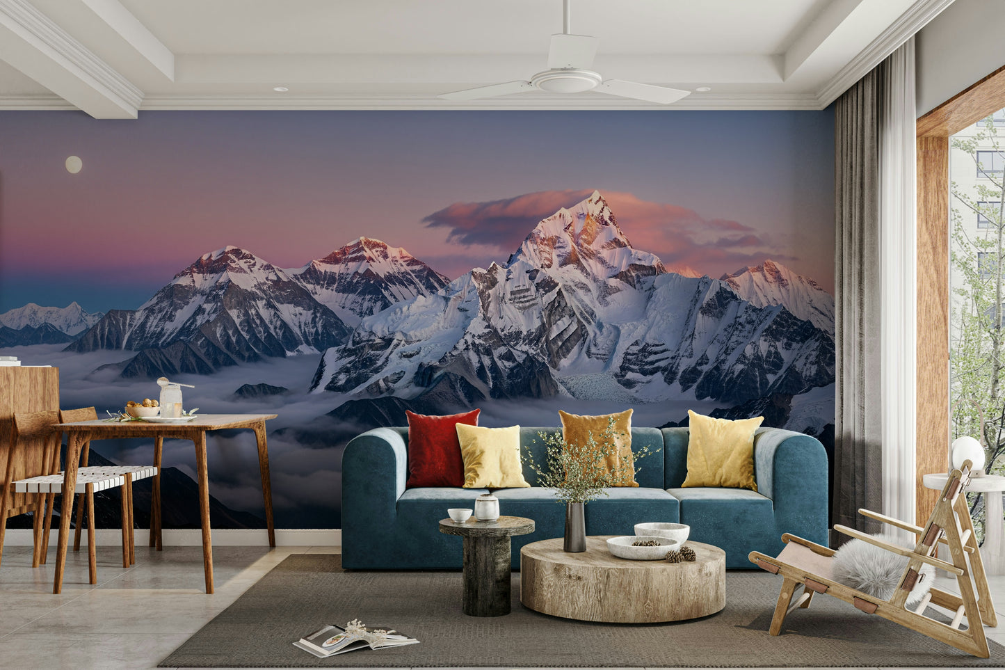 A peaceful wall mural with a serene mountain landscape.

