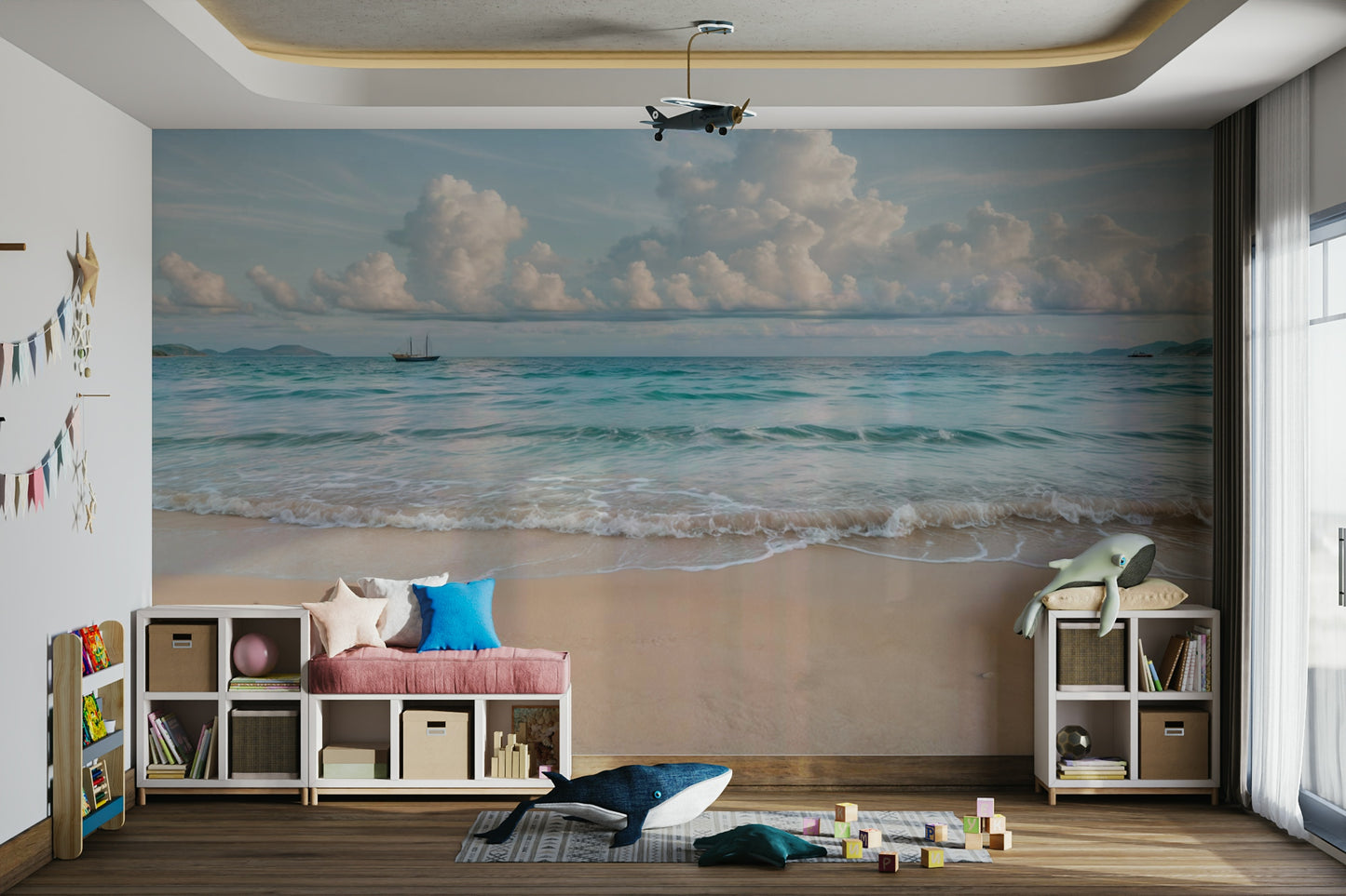 A peaceful wall mural with a serene coastal scene.

