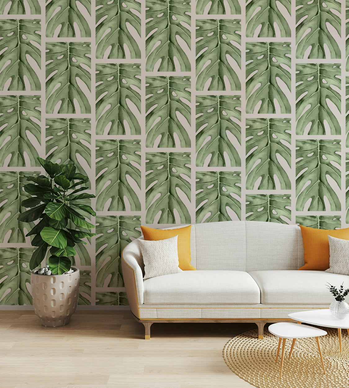 The design features a repeating pattern of soft, delicate monstera leaves within square frames.

