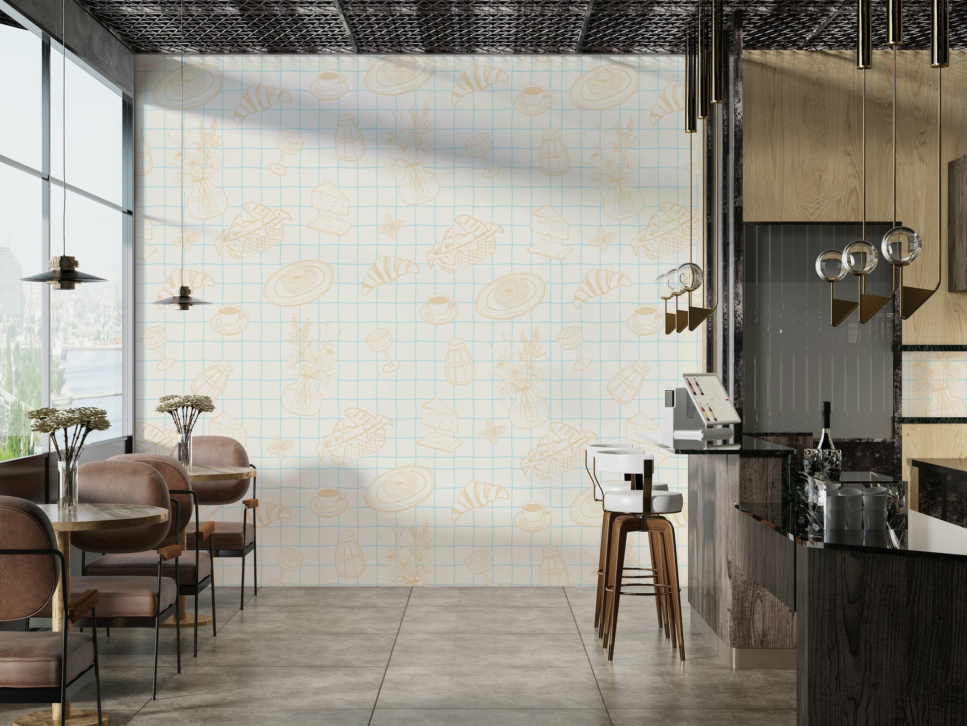 The design features a repeating pattern of soft, delicate food and drink shapes.