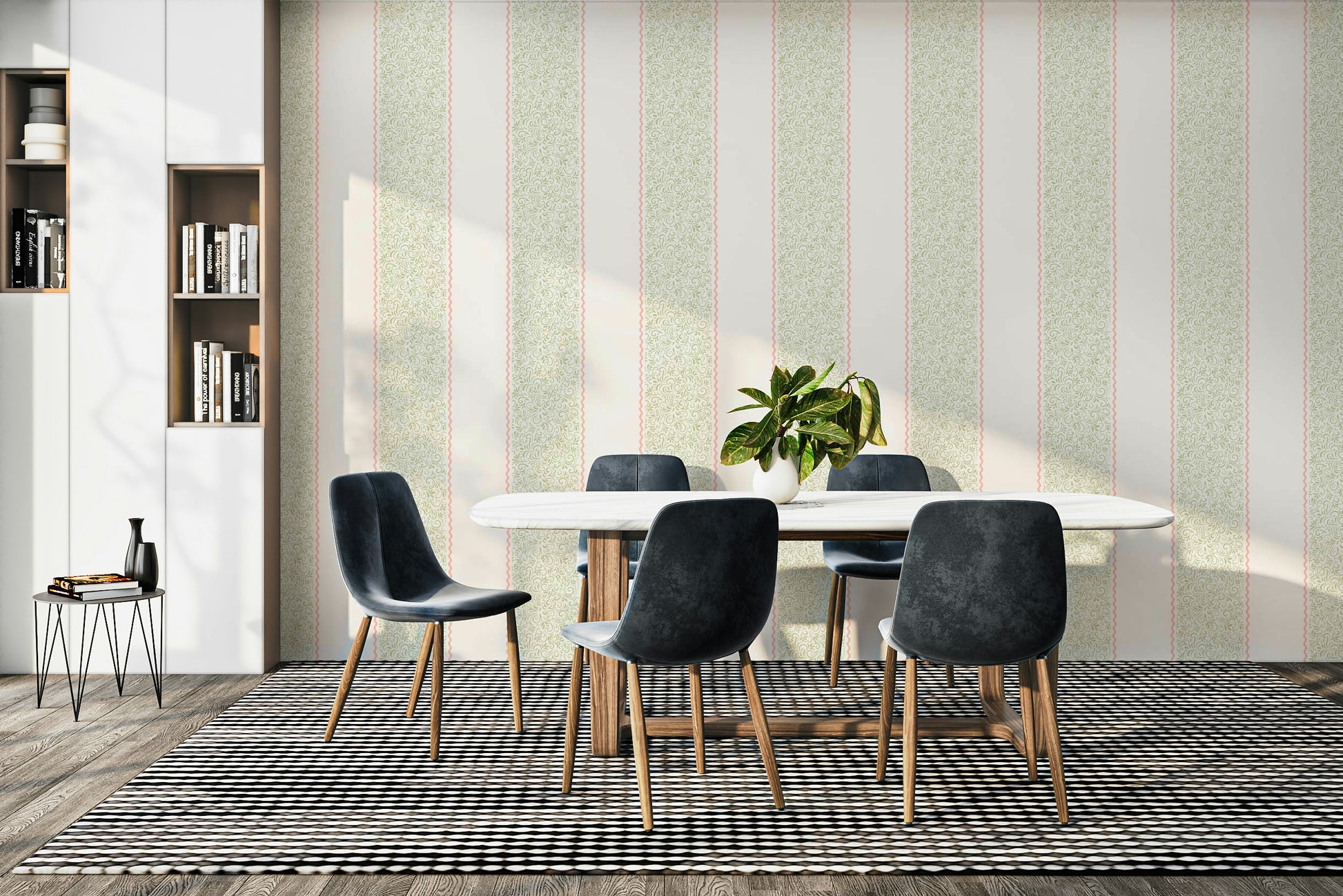 A peaceful wall mural with a vintage, striped design.

