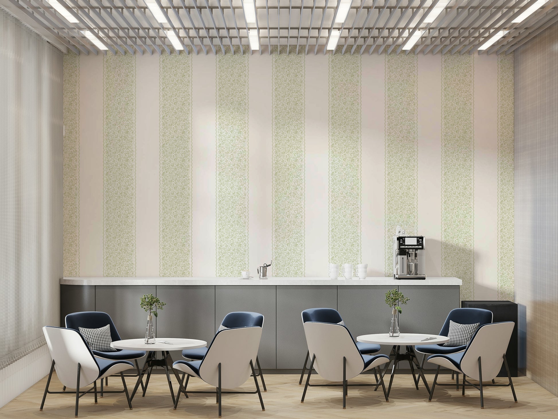 A peaceful wall mural with an organic, botanical design.

