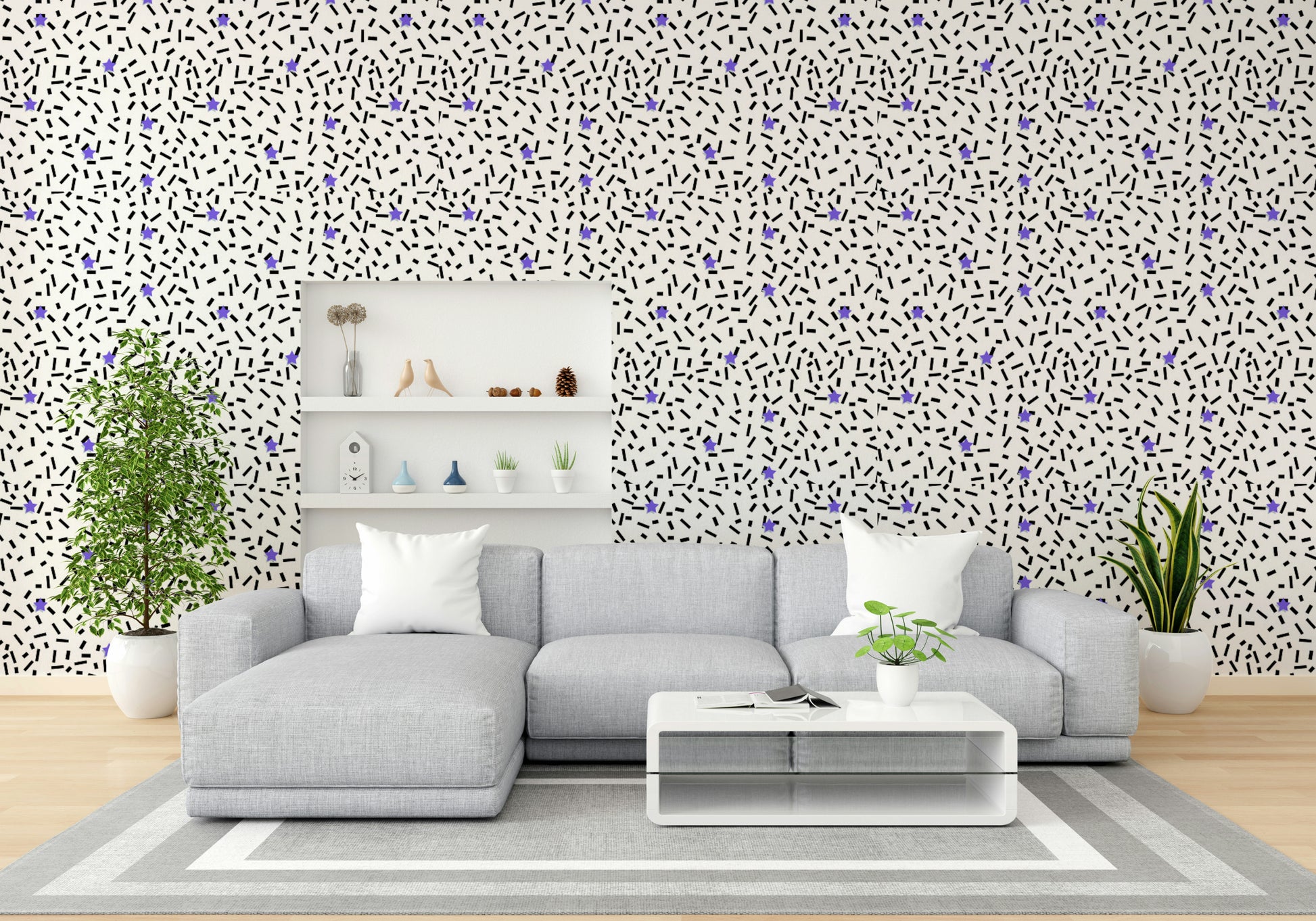 The design features a repeating pattern of soft, scattered star shapes.

