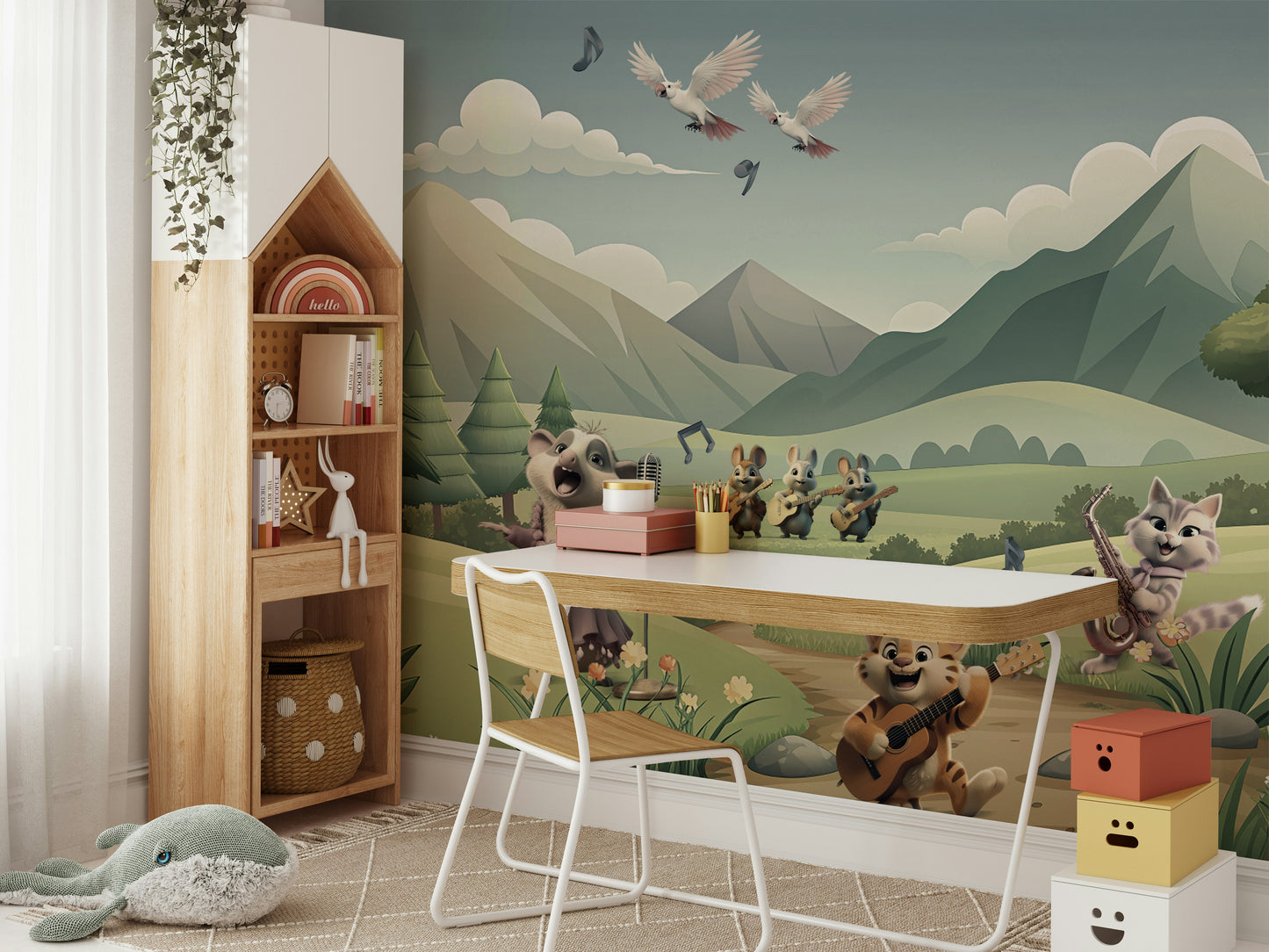 The design features a group of friendly animal musicians.

