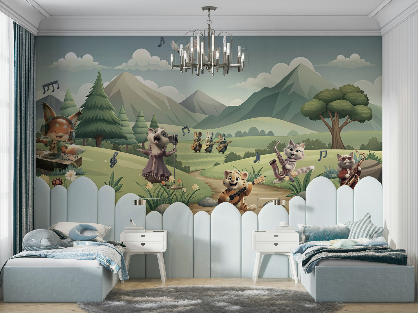 A cheerful wall mural with a whimsical, animal design.

