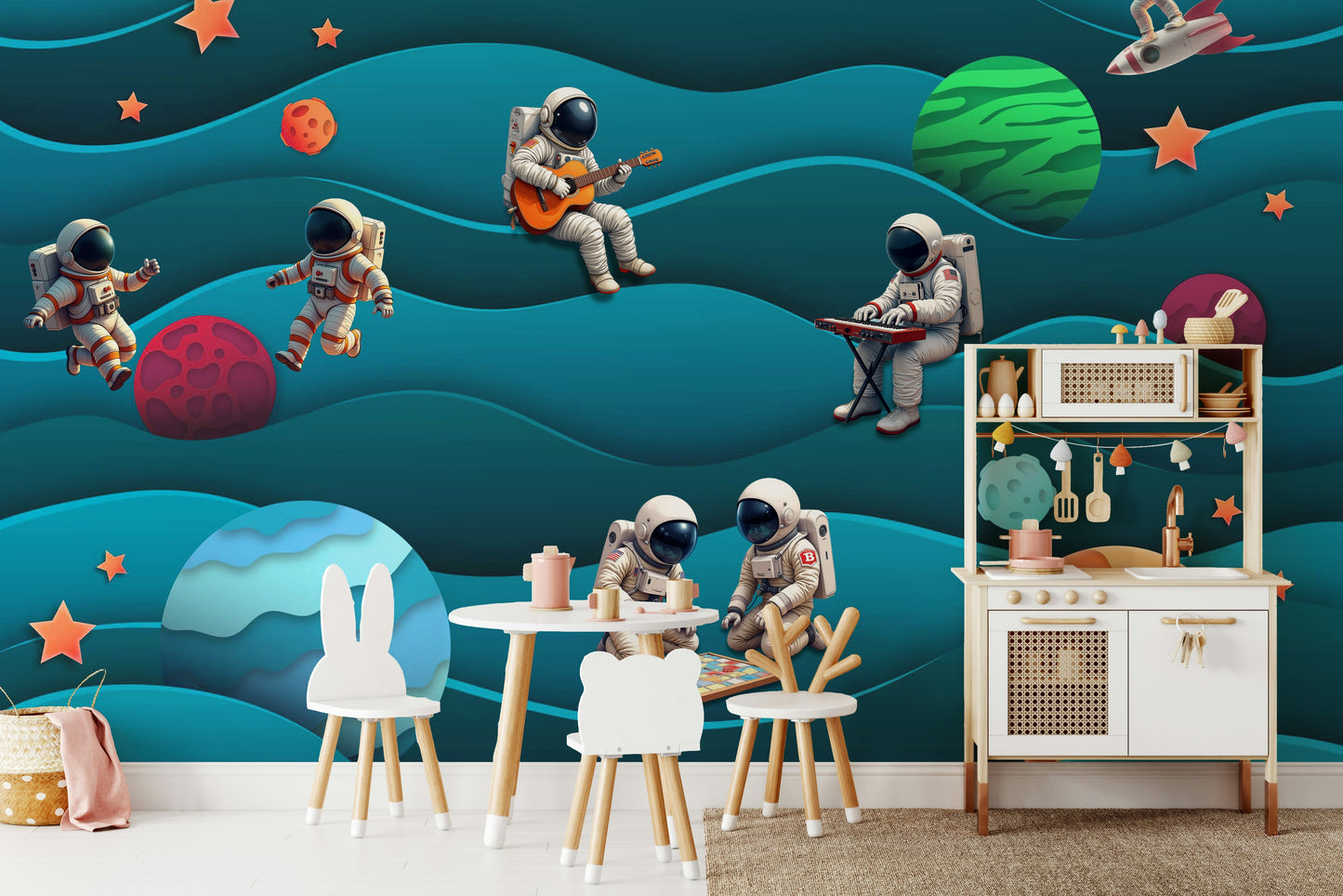 The colors are bright and vibrant, with a starry palette.

