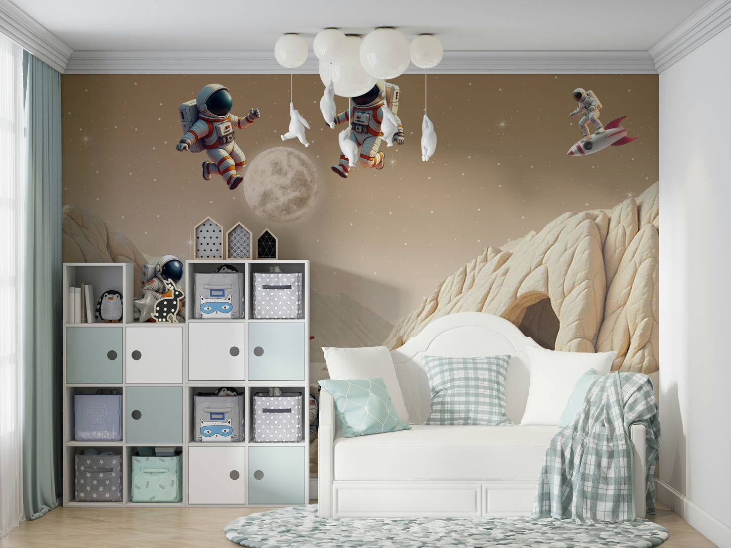 The design features a group of friendly, cosmic characters playing music.

