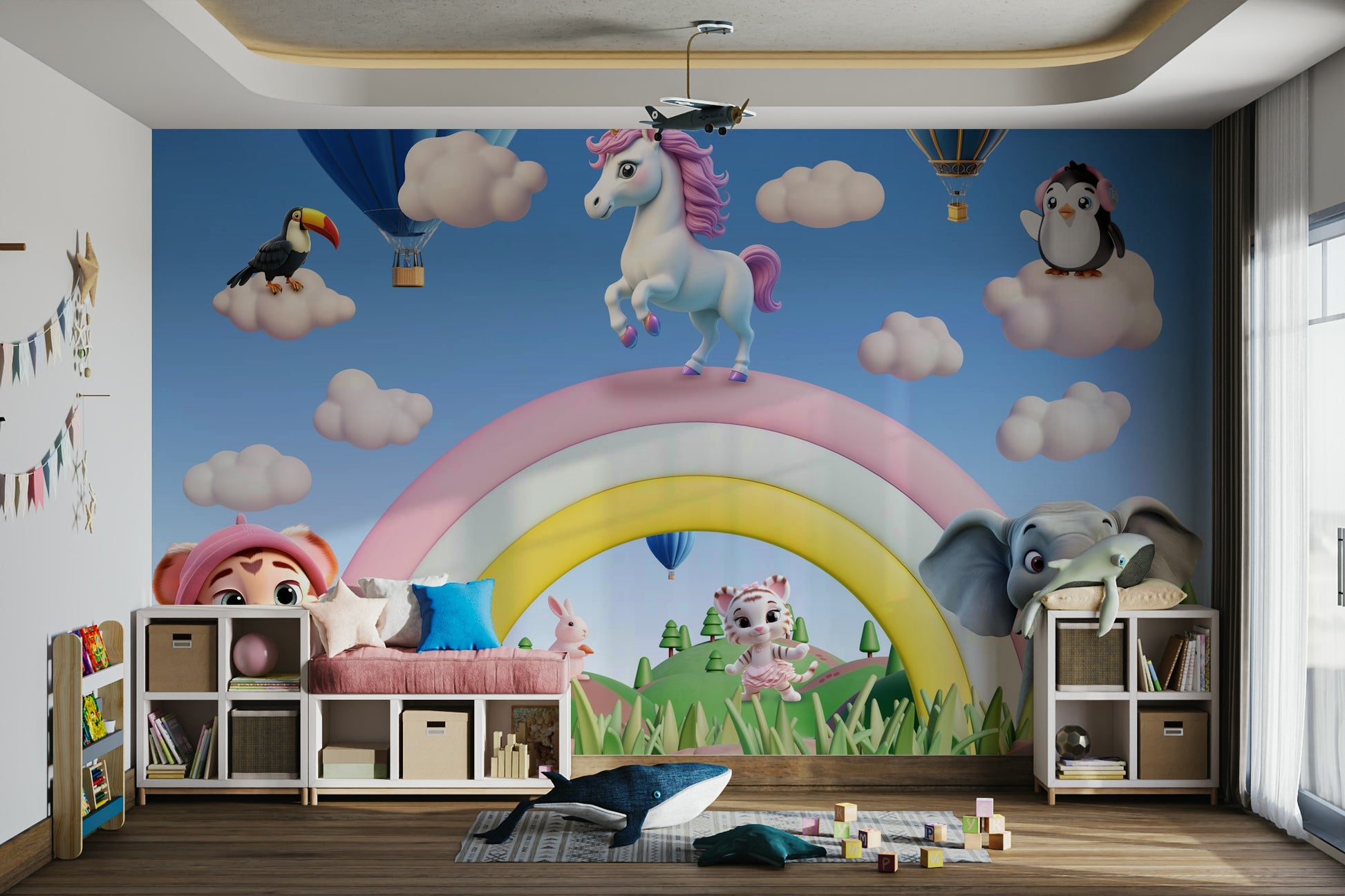 The design features friendly, cartoon characters flying.

