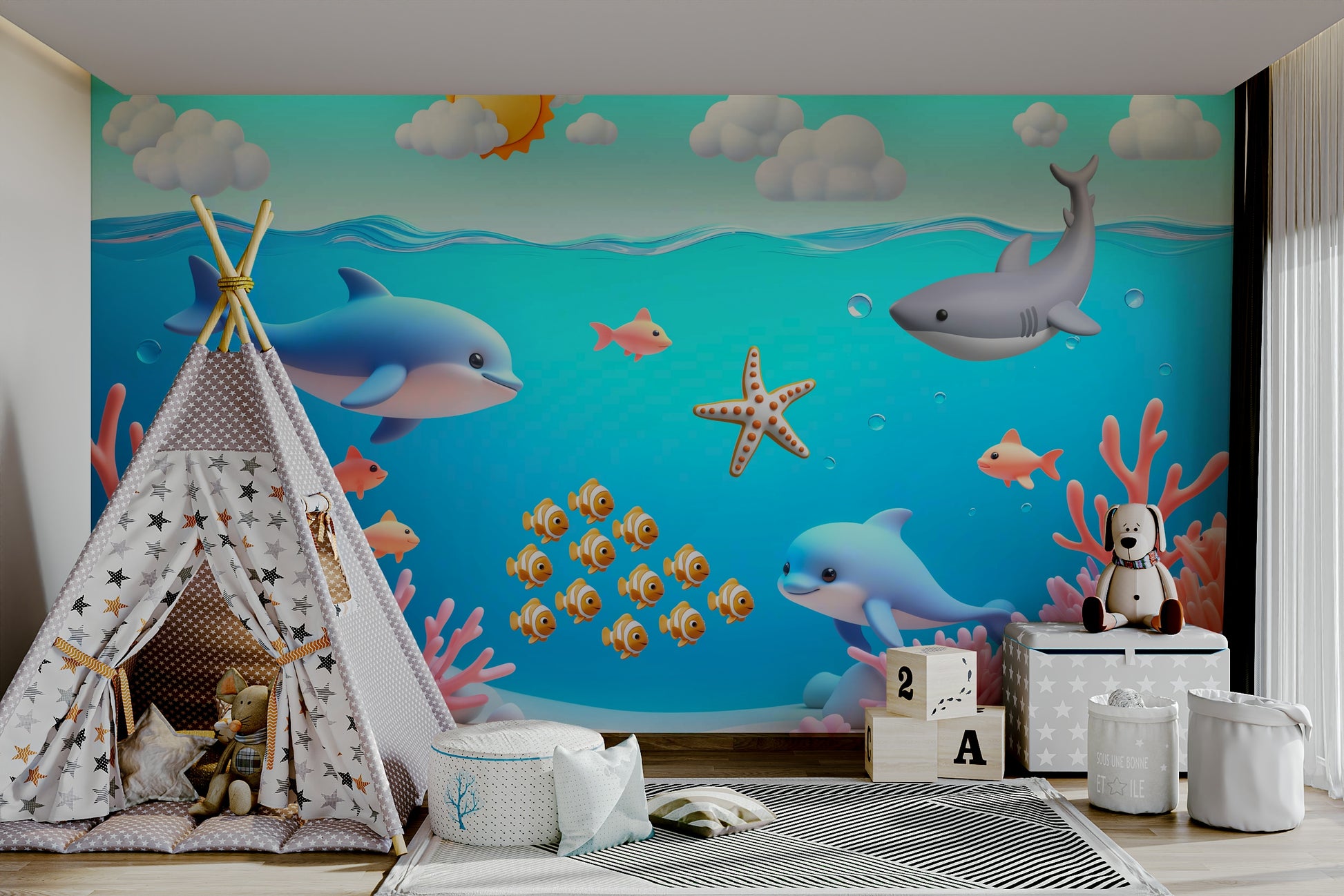 The design features a pattern of friendly, cartoon sea creatures.

