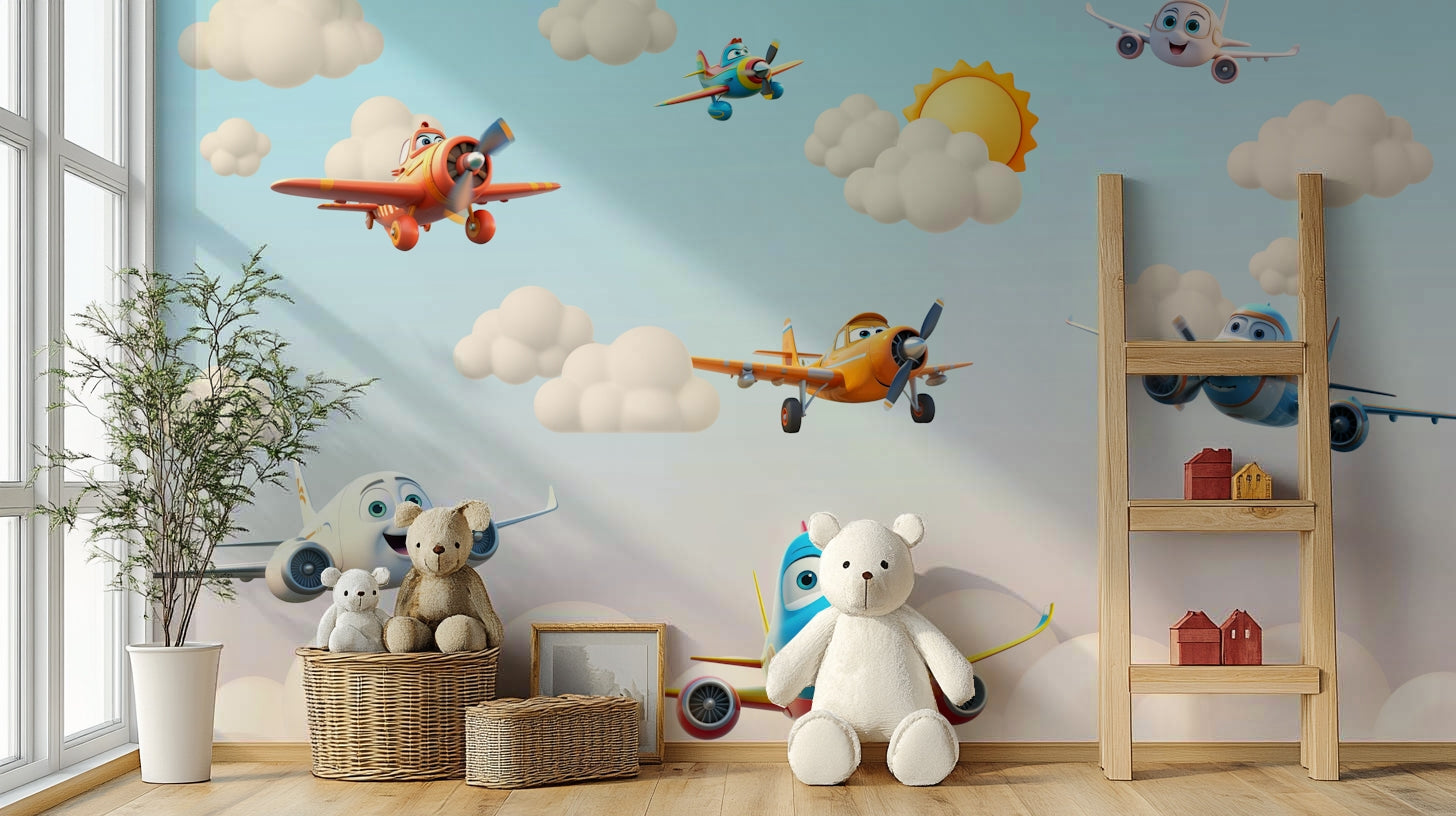 The design features a repeating pattern of soft, cartoon airplanes and clouds.

