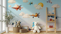 The design features a repeating pattern of soft, cartoon airplanes and clouds.


