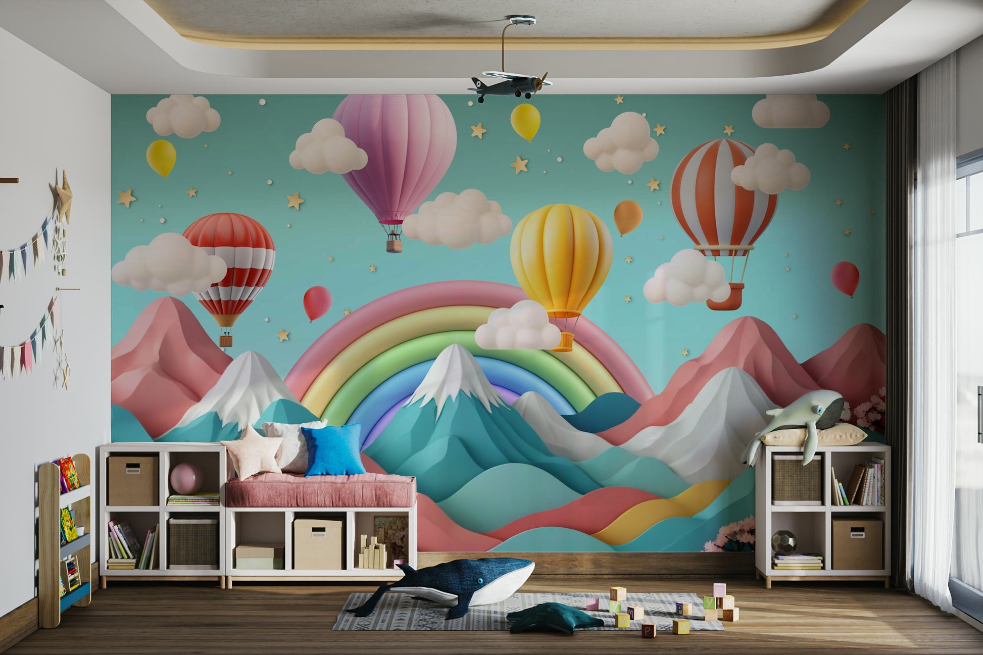 The design features a repeating pattern of soft, delicate hot air balloons and clouds.

