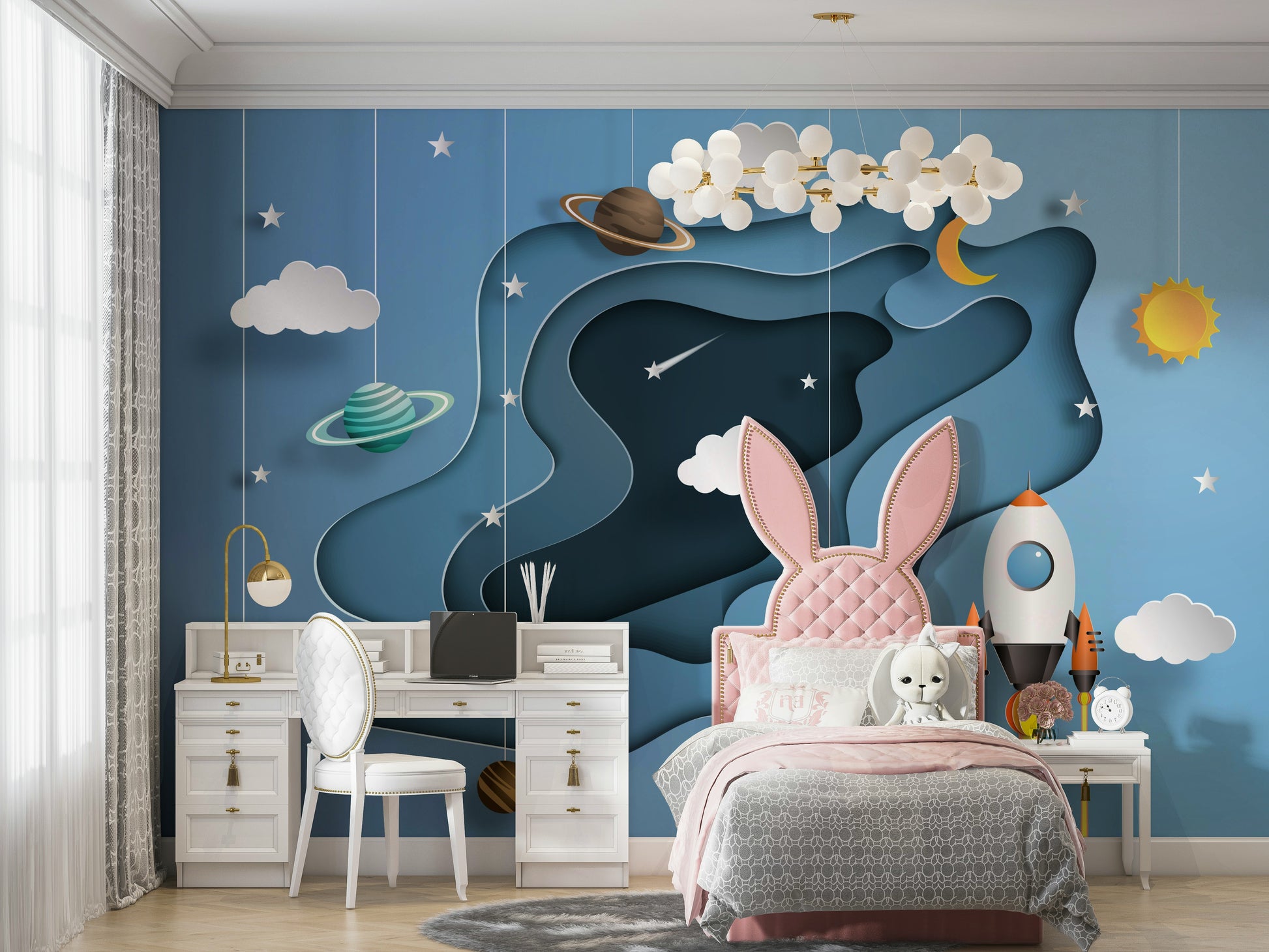 The image features planets, stars, and galaxies in a cosmic view.
