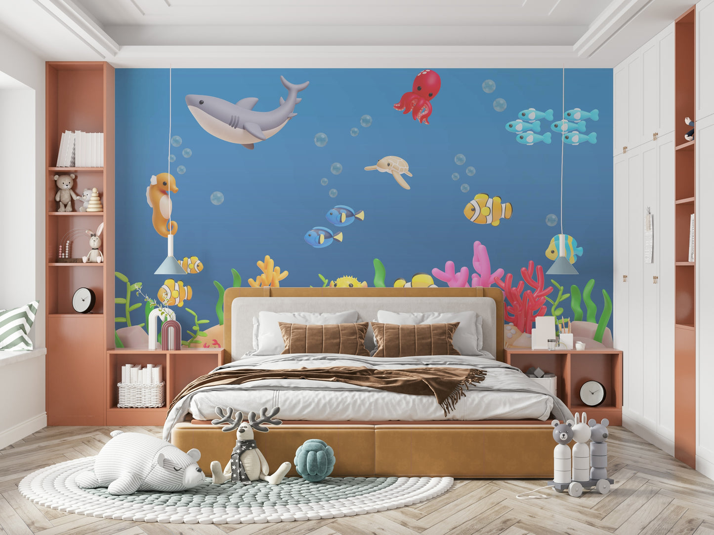 A cheerful wall mural with a whimsical, underwater design.

