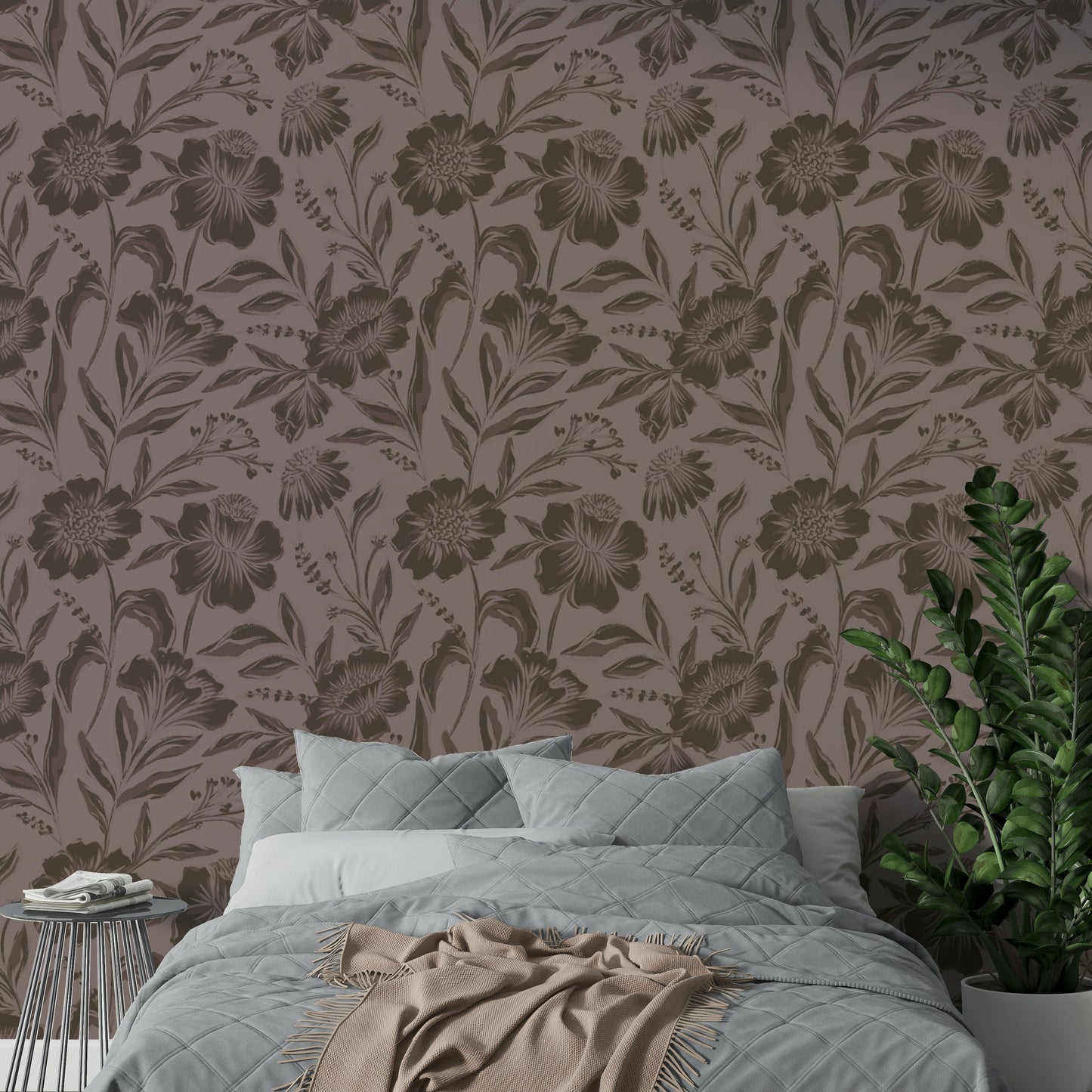 A full-wall mural showing a botanical pattern.
