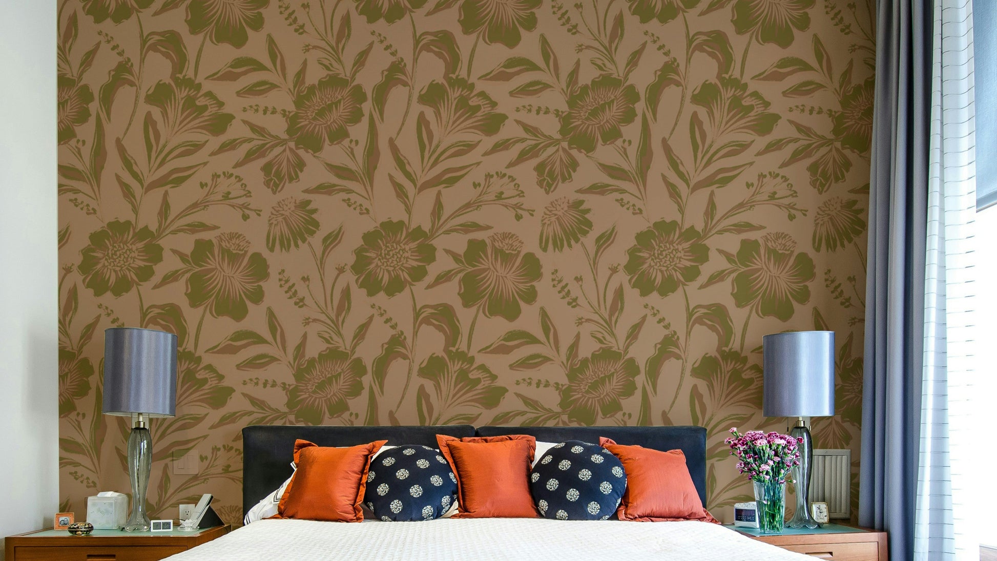A full-wall mural showing a botanical pattern.
