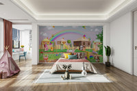 A cheerful wall mural with a whimsical, carnival design.

