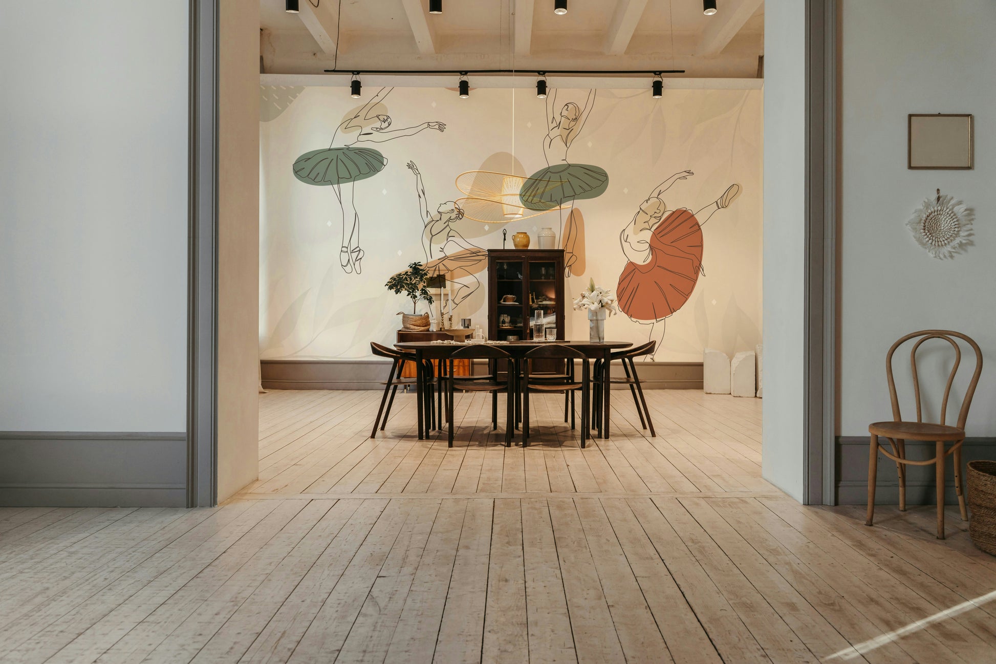 The design features a repeating pattern of soft, delicate ballet dancers.

