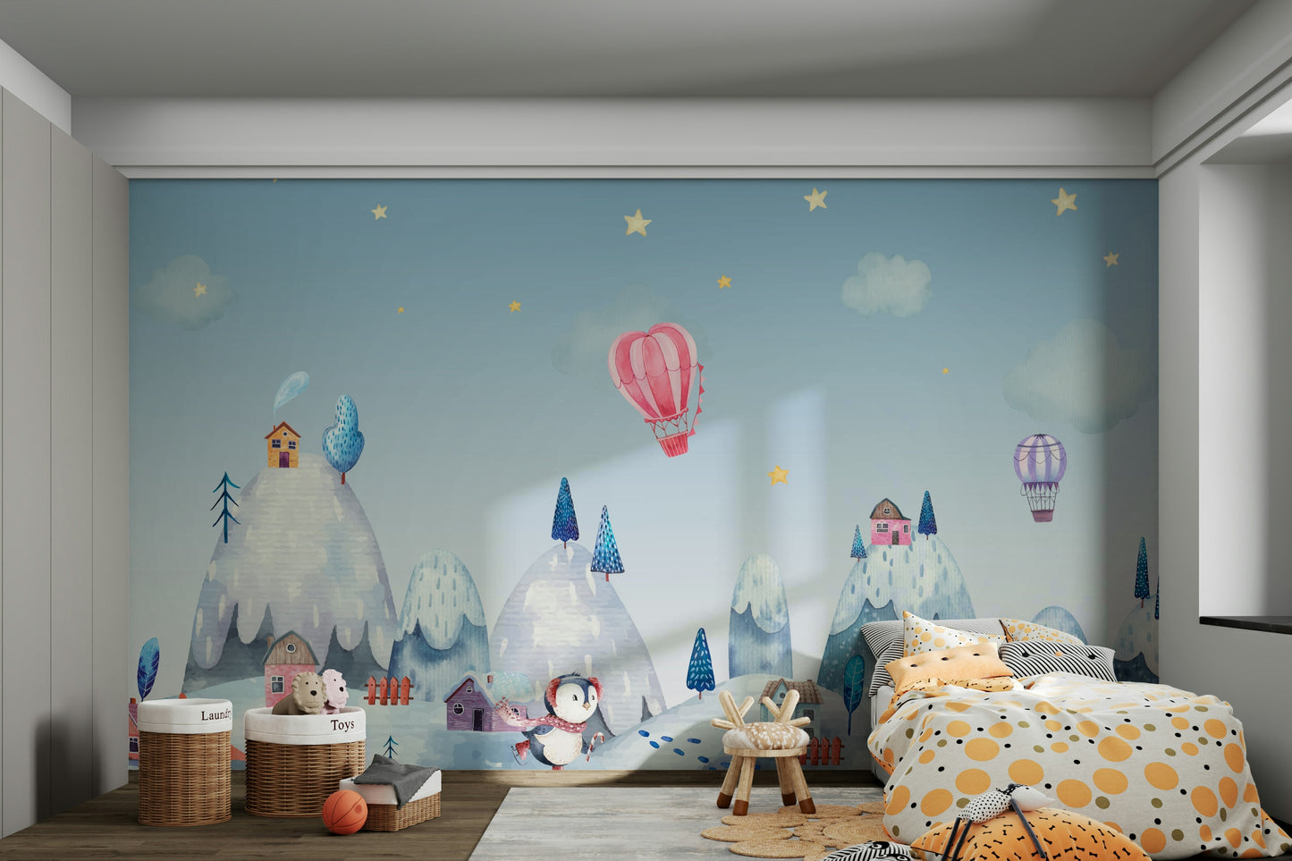 The colors are gentle and soft, with a pastel, blue and white palette.

