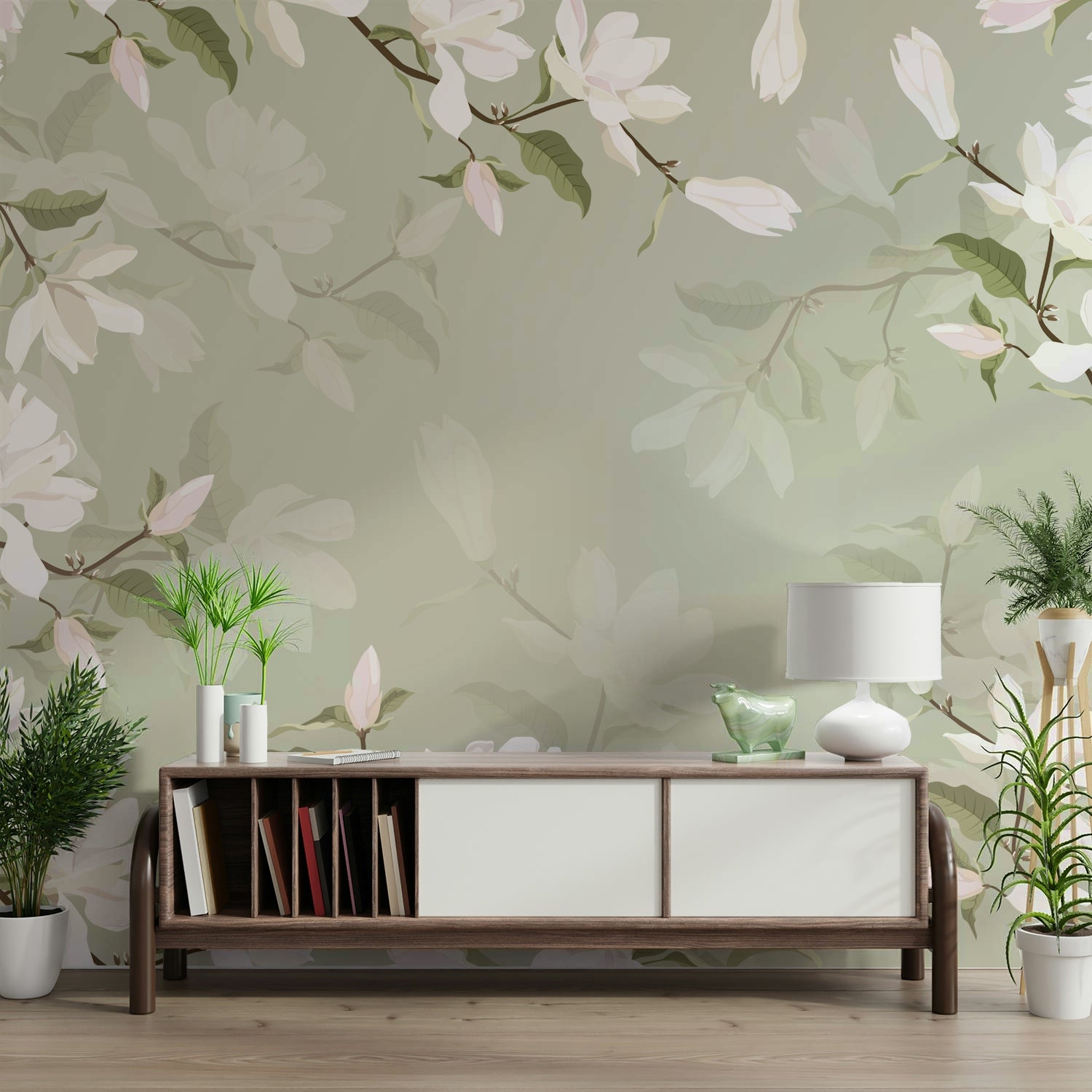A peaceful wall mural with an organic, floral design.

