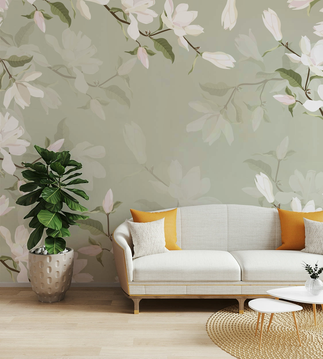 The design features a repeating pattern of soft, graceful branches and blossoms.

