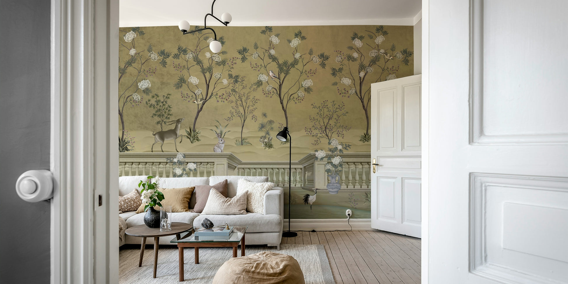 The design features a repeating pattern of soft, graceful birds and blooming branches.