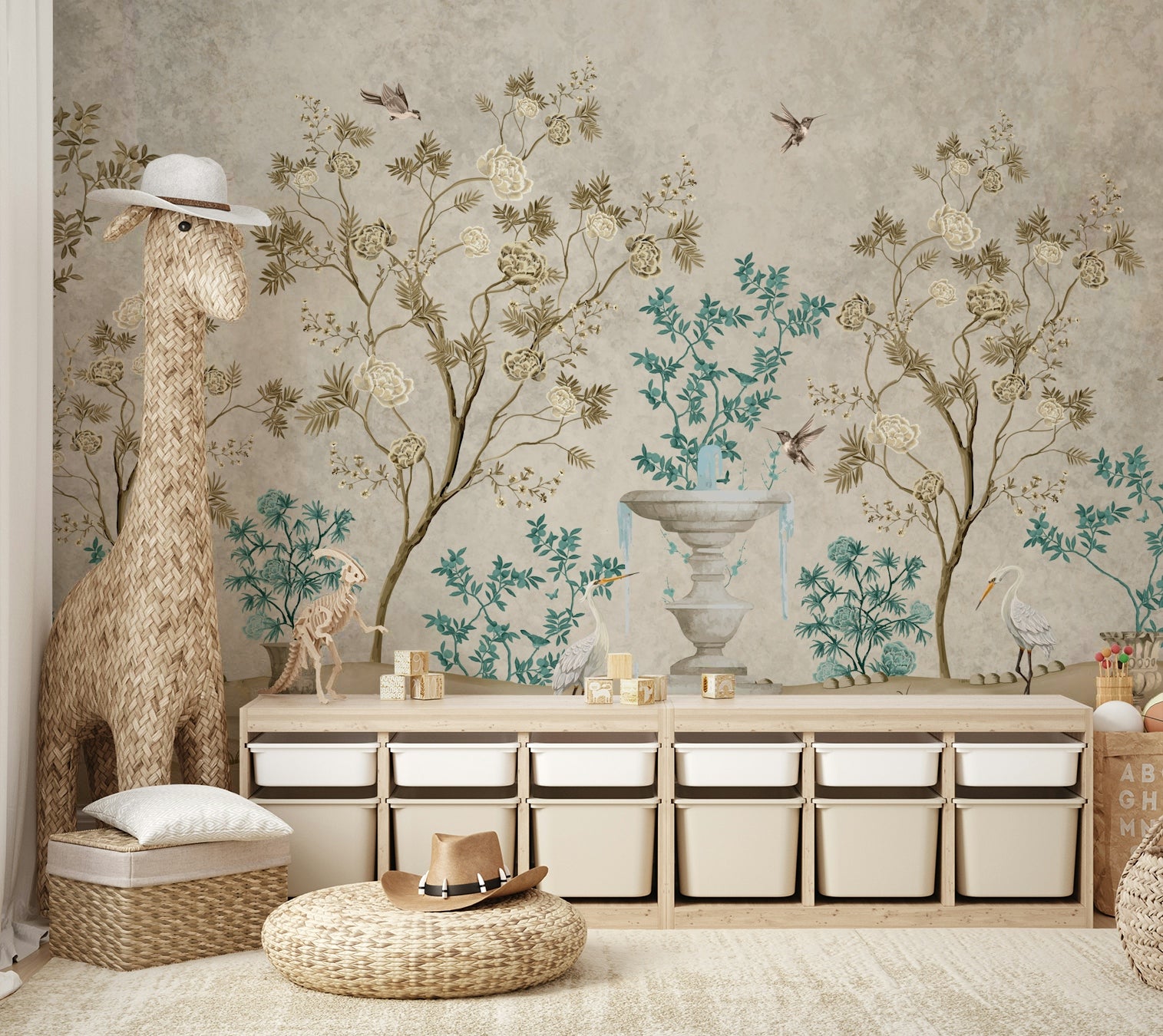 The colors are gentle and soft, with a pastel, light, and neutral palette.

