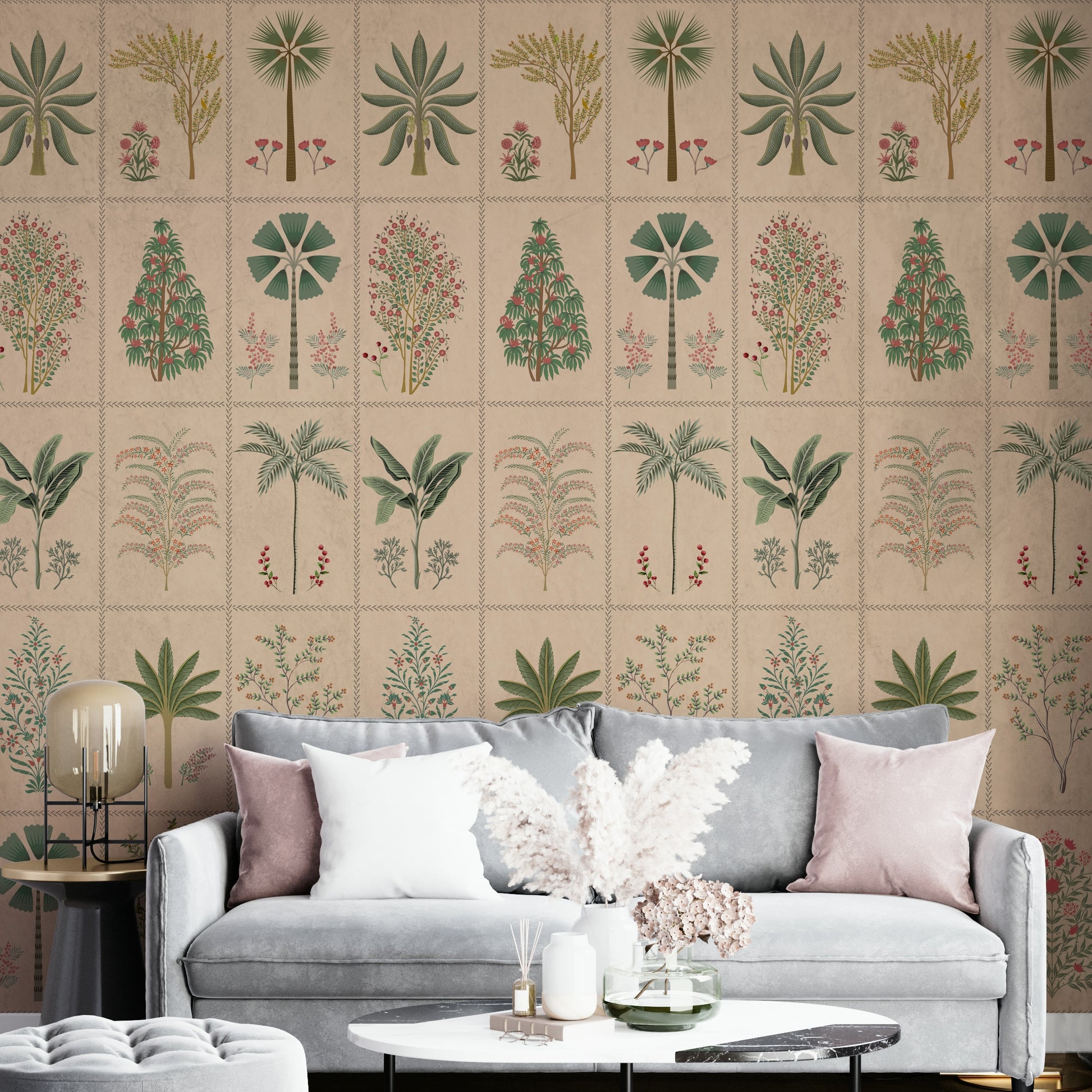 A peaceful wall mural with an organic, botanical design.

