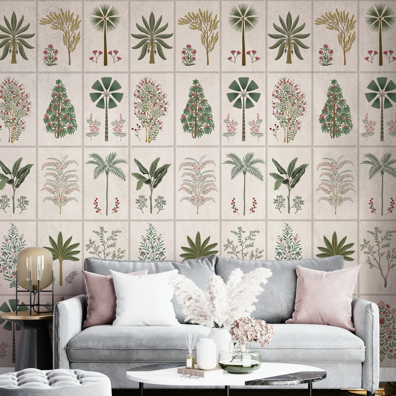 A peaceful wall mural with an organic, botanical design.

