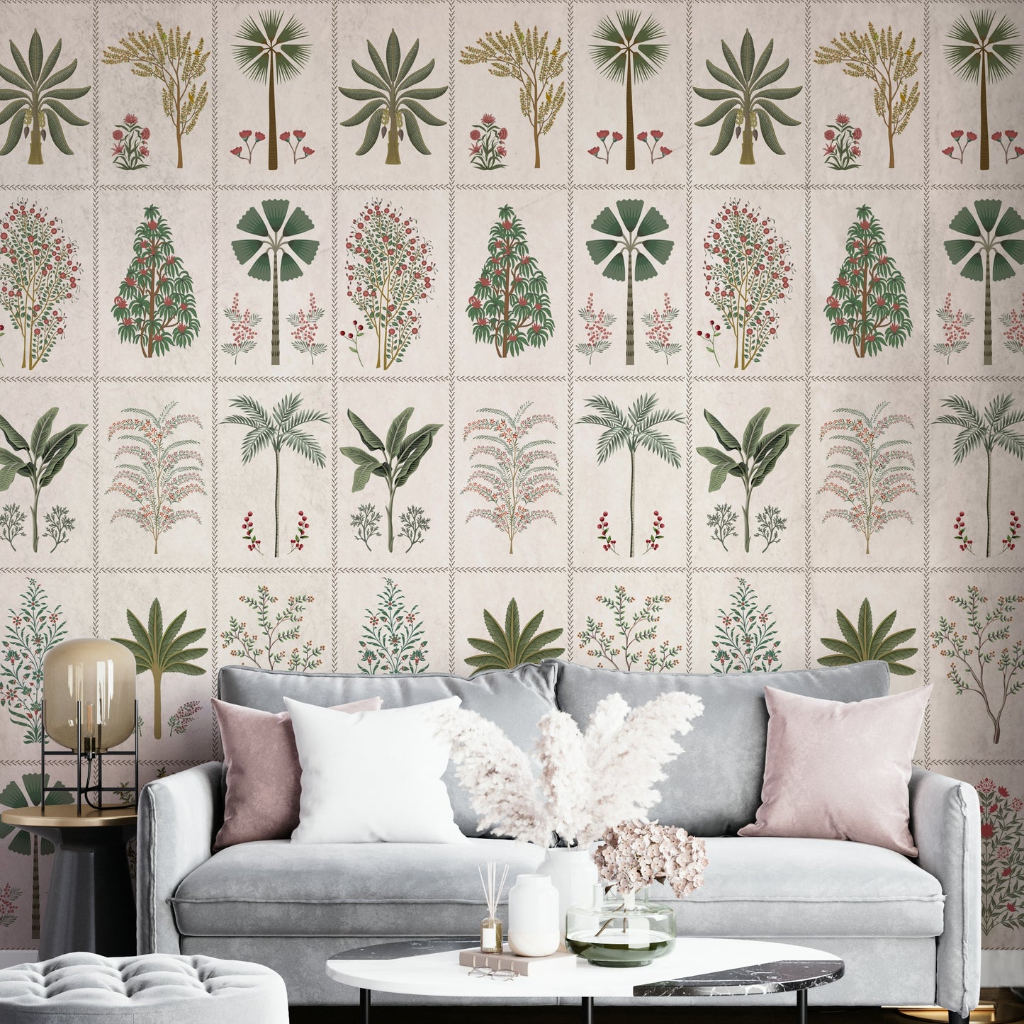 A peaceful wall mural with an organic, botanical design.

