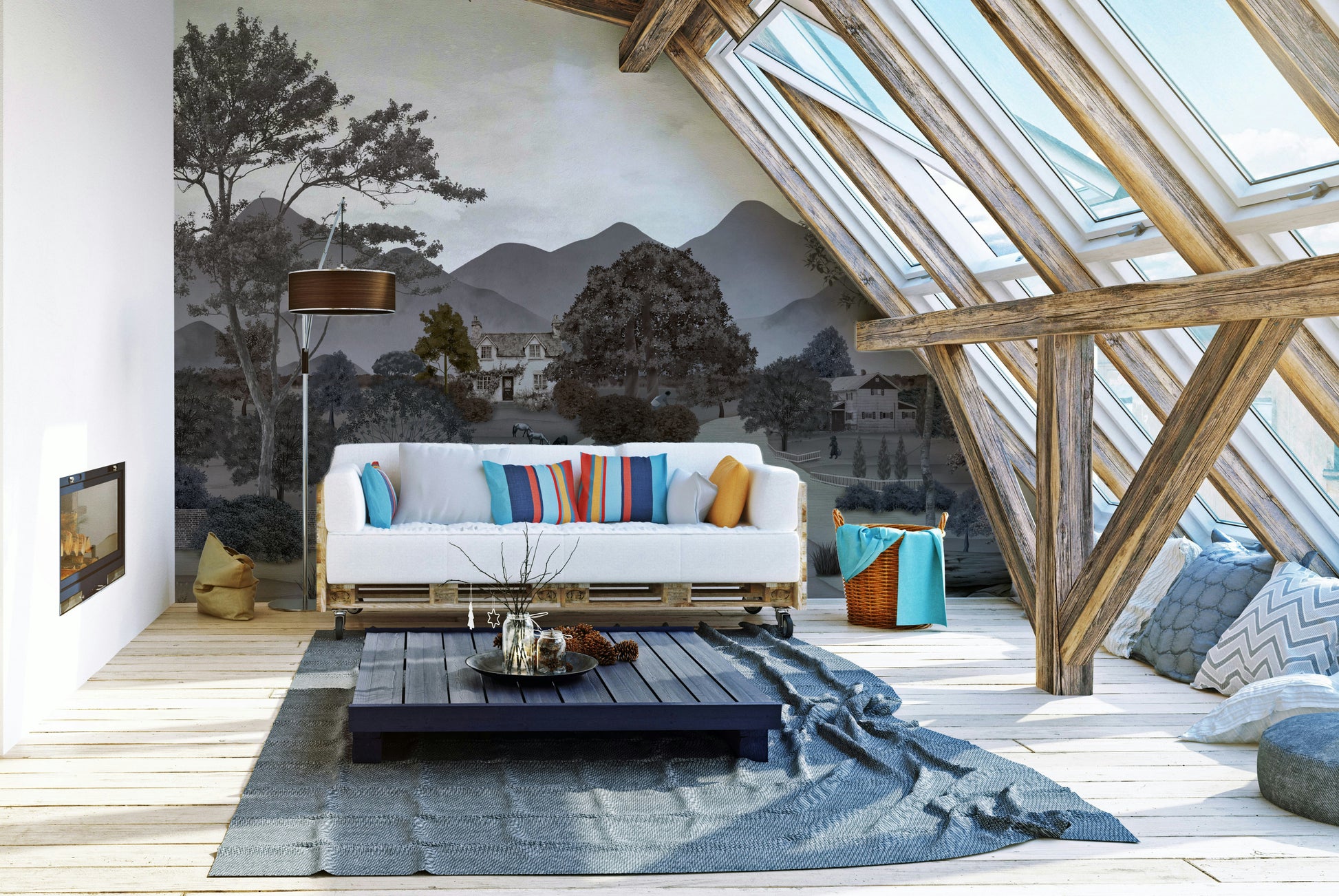 A peaceful wall mural with a natural, rural design.

