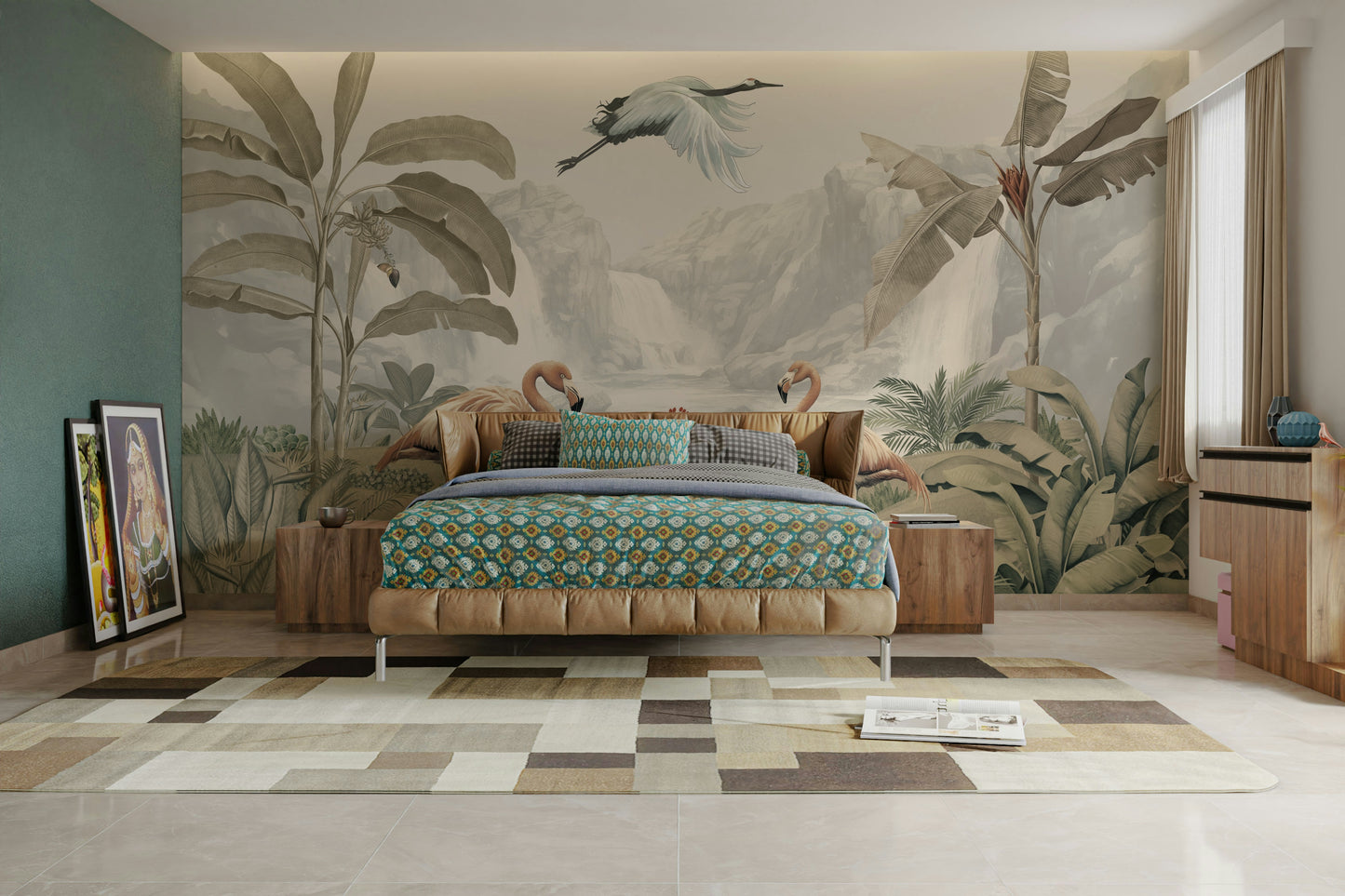 The design features a repeating pattern of soft, graceful flamingo shapes and tropical plants.


