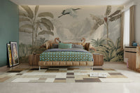 The design features a repeating pattern of soft, graceful flamingo shapes and tropical plants.

