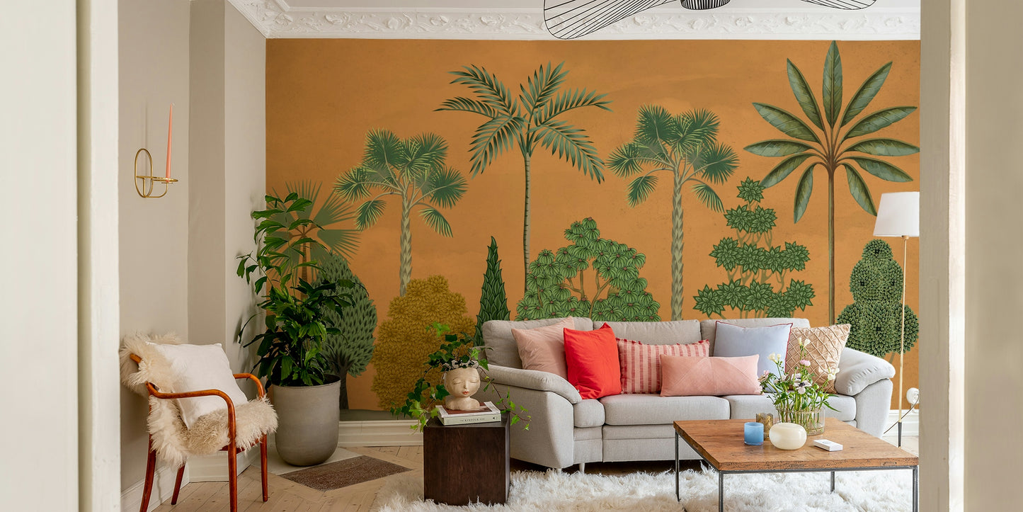 The design features a repeating pattern of soft, graceful palm leaves.

