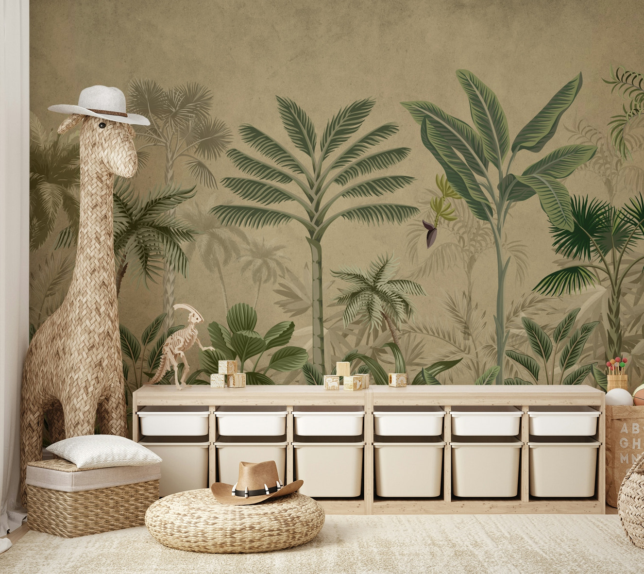 A peaceful wall mural with an organic, botanical design.

